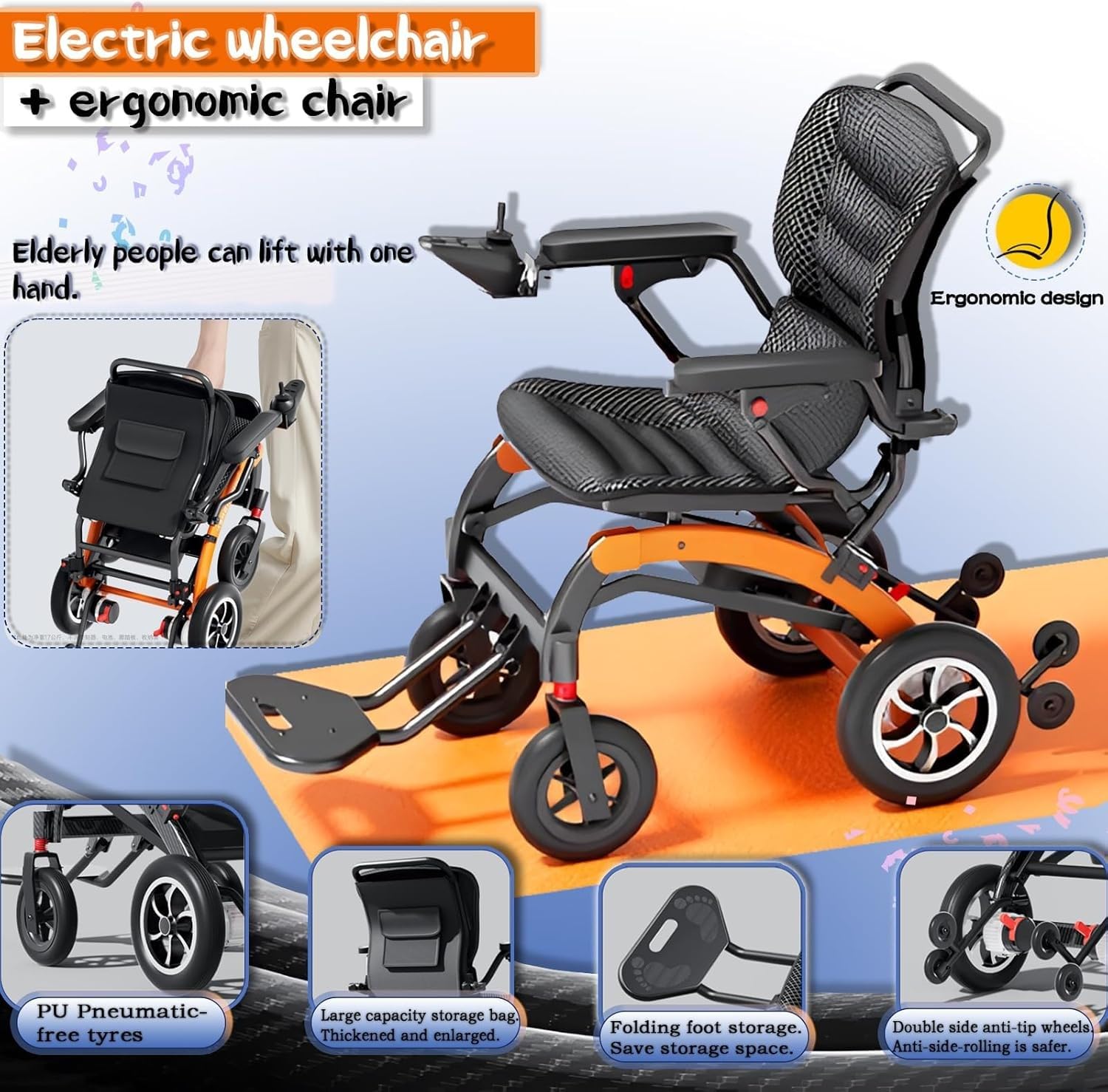 Silla Ruedas Eléctrica Plegable para Adultos Y Personas Mayores,Sillas Ruedas Motorizadas Fibra Carbono con Batería Desmontable,Silla Ruedas Eléctrica Liviana,Soporte 330 Libras 10AH