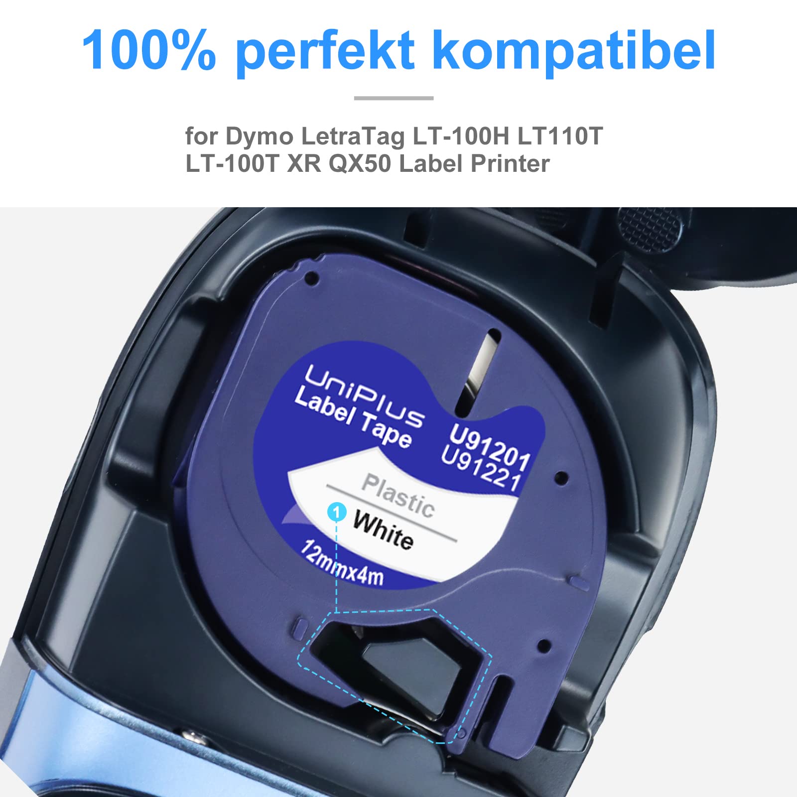 UniPlus 20 Pack Kompatible für Dynmo 91221 Etikettenband 91221 91201 S0721660 Kunststoff 12mm x 4m Schriftband xr Bänder für LT-100H LT-110T LT-100T XR QX50 200B Schwarz auf Weiß