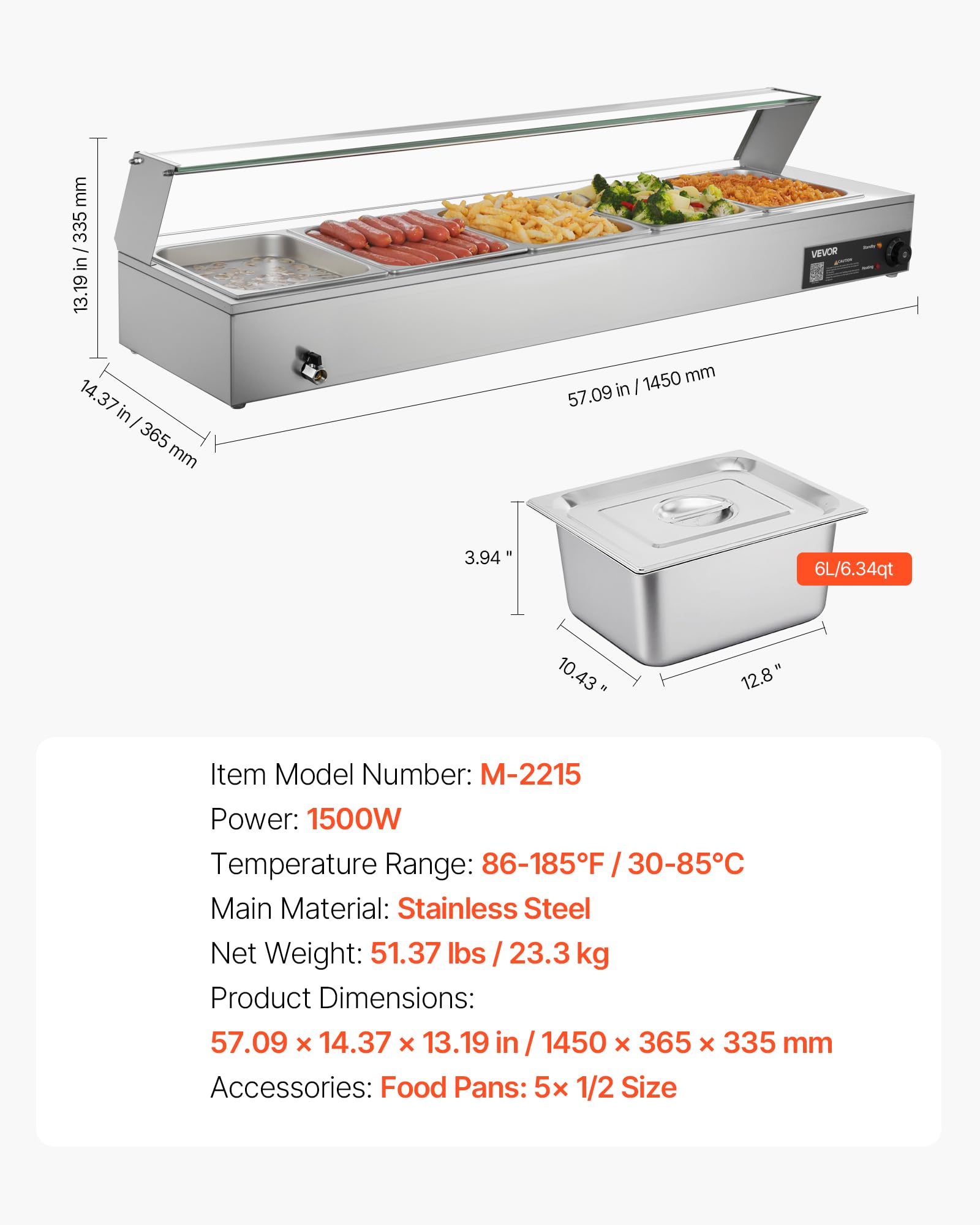 VEVOR Elektryczny podgrzewacz do żywności ze szklaną pokrywką i 5 pojemnikami, 1,5 kW, stal nierdzewna, z łaźnią wodną, do restauracji, na imprezy, bufety, 30-85℃, 1450 x 365 x 335 mm, srebrny