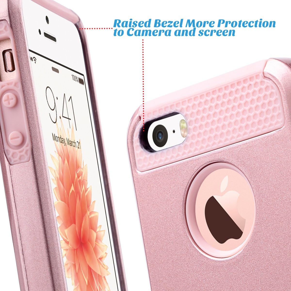 ULAK 5S Case, iPhone 5S Case, iPhone 5 Case, iPhone SE Case, Slim Fit Dual Layer Protection Case Shock Absorbing Hard Rugged Ultra Protective Back Rubber Cover with Impact Protection(Rose Gold)
