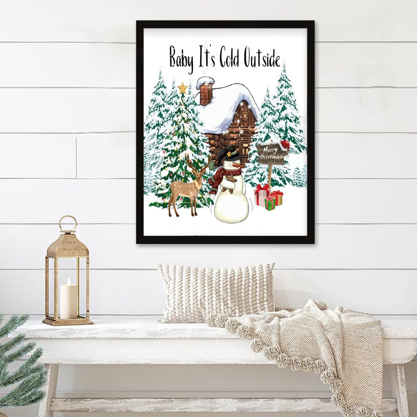 Planche en bois neutre encadrée Baby It's Cold Outside pour mur de salon 40x50 cm