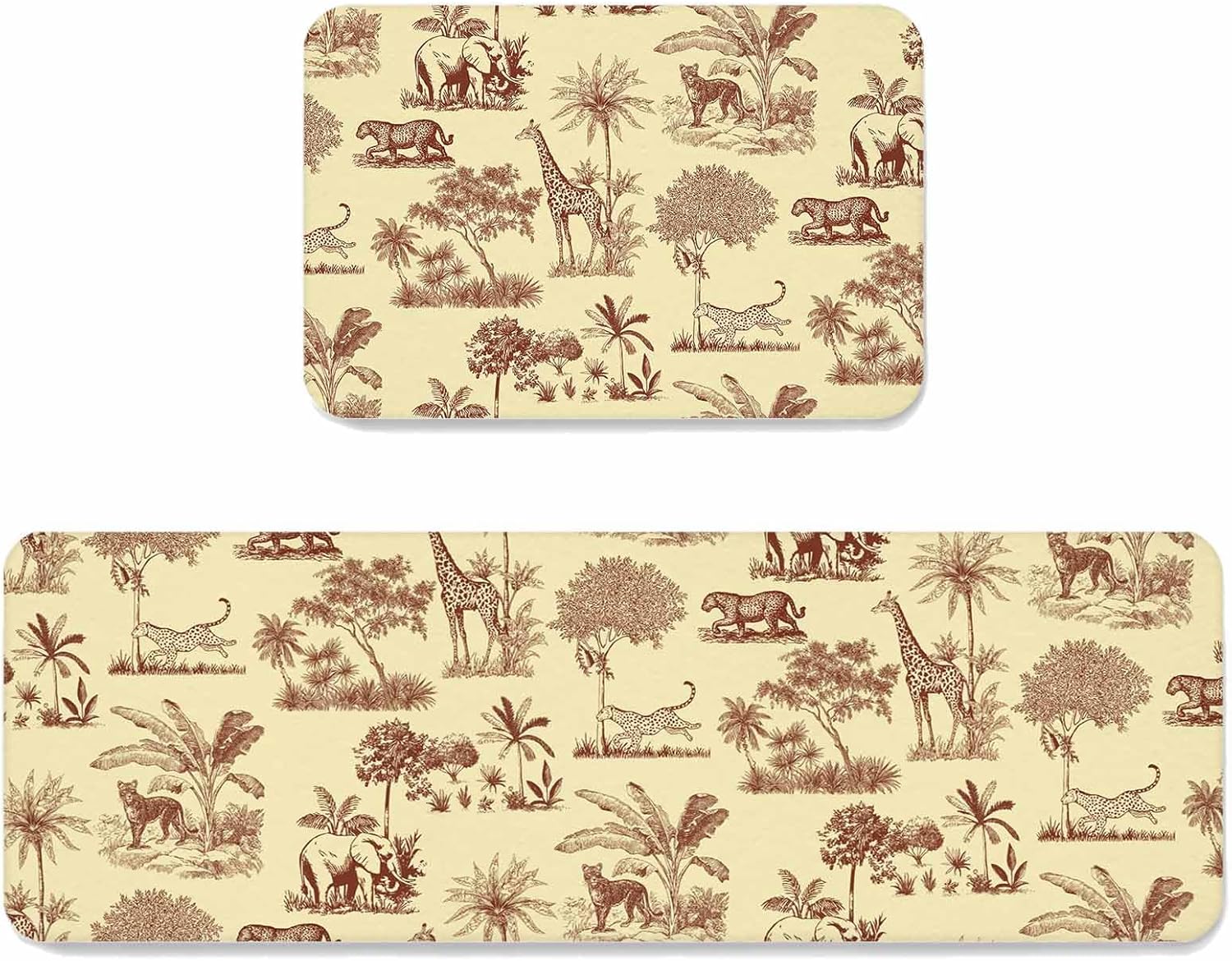 Prime Leader Forest Animal Kitchen Mat Set 2 Pieces Vintage Forest Elephant Giraffe Yellow Non Slip Kitchen Rugs Washable Runner Rug Mats for Sink Laundry (15.7" x 23.6"+15.7" x 47.2")