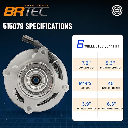 Miniatura 2 de BRTEC 515079 Buje de rueda delantera y conjunto de cojinetes para Ford 2005-2008 F-150, para Lincoln 2006-2008 Mark Lt 6Lugs 4WD 4x4 WABS