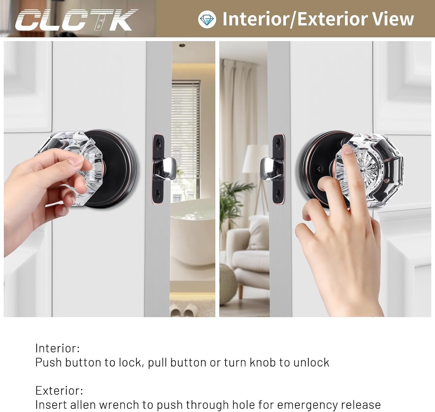 Glass Door Knobs Interior with Lock, Vintage Crystal Privacy Octagon Oil Rubbed Bronze Door Knobs for Bedroom Bathroom image 4