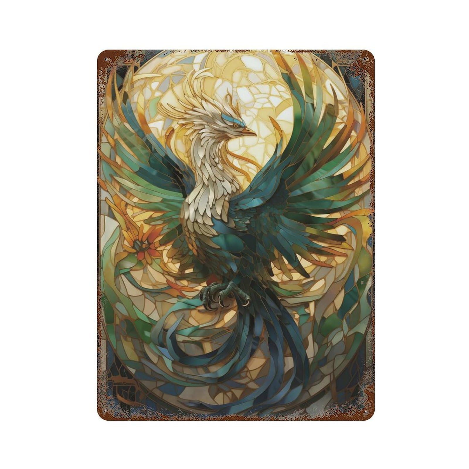 Garage Style Phoenix Stained Glass Art Vintage Metal Tin Sign 15.7"x11.8", Retro Wall Decor for Bar And Workshop