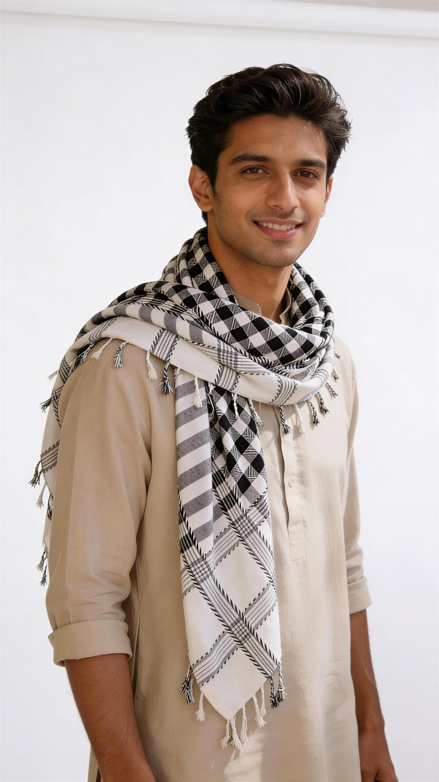 Black and White Checked Cotton Scarf for Men, Keffiyeh Style with Tassels-image-15