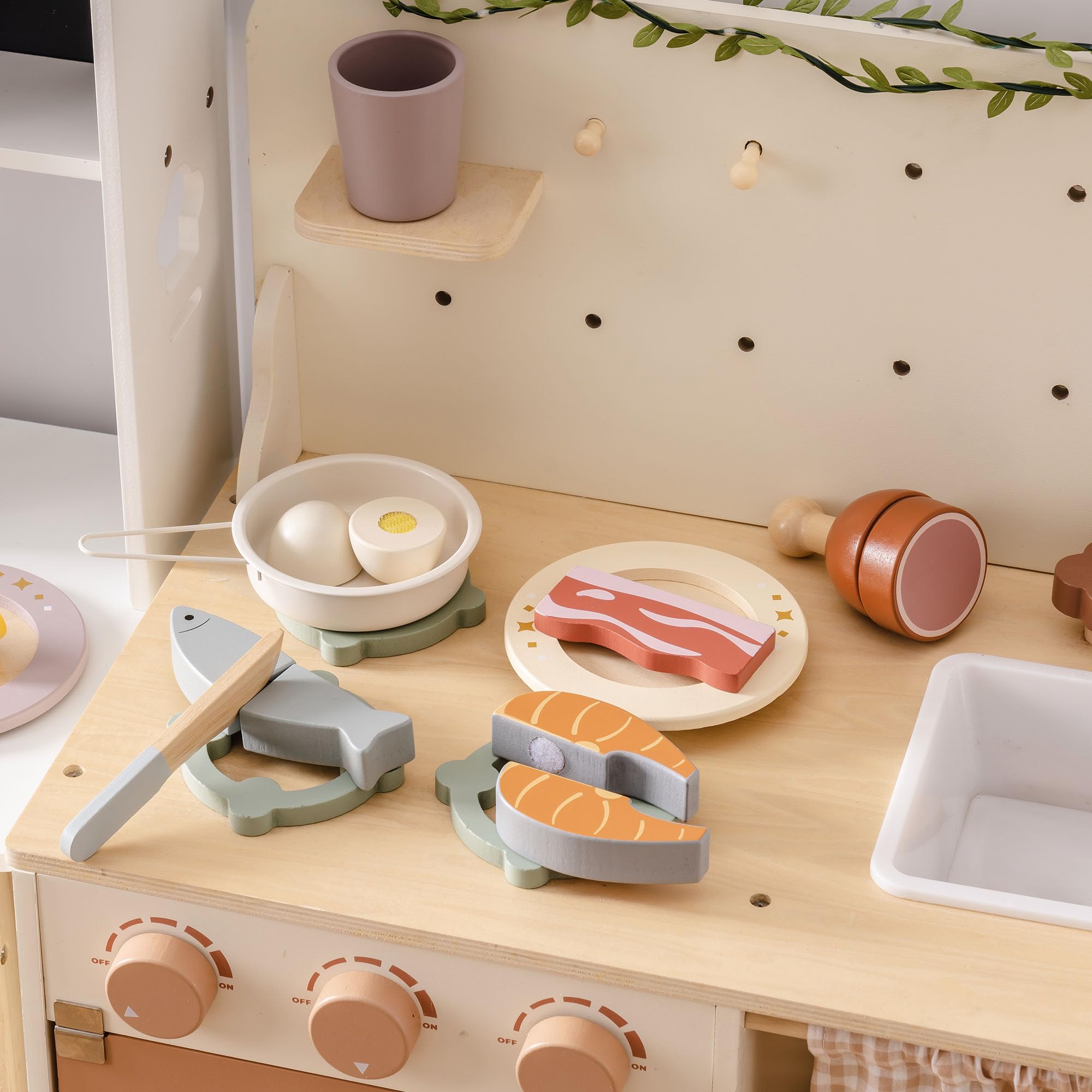 Juego de madera para cortar carne y huevos, juguete de simulación para jugar cocina con bolsa de compras, accesorios de cocina para niños, juguetes de comida de madera para niños y niñas 3