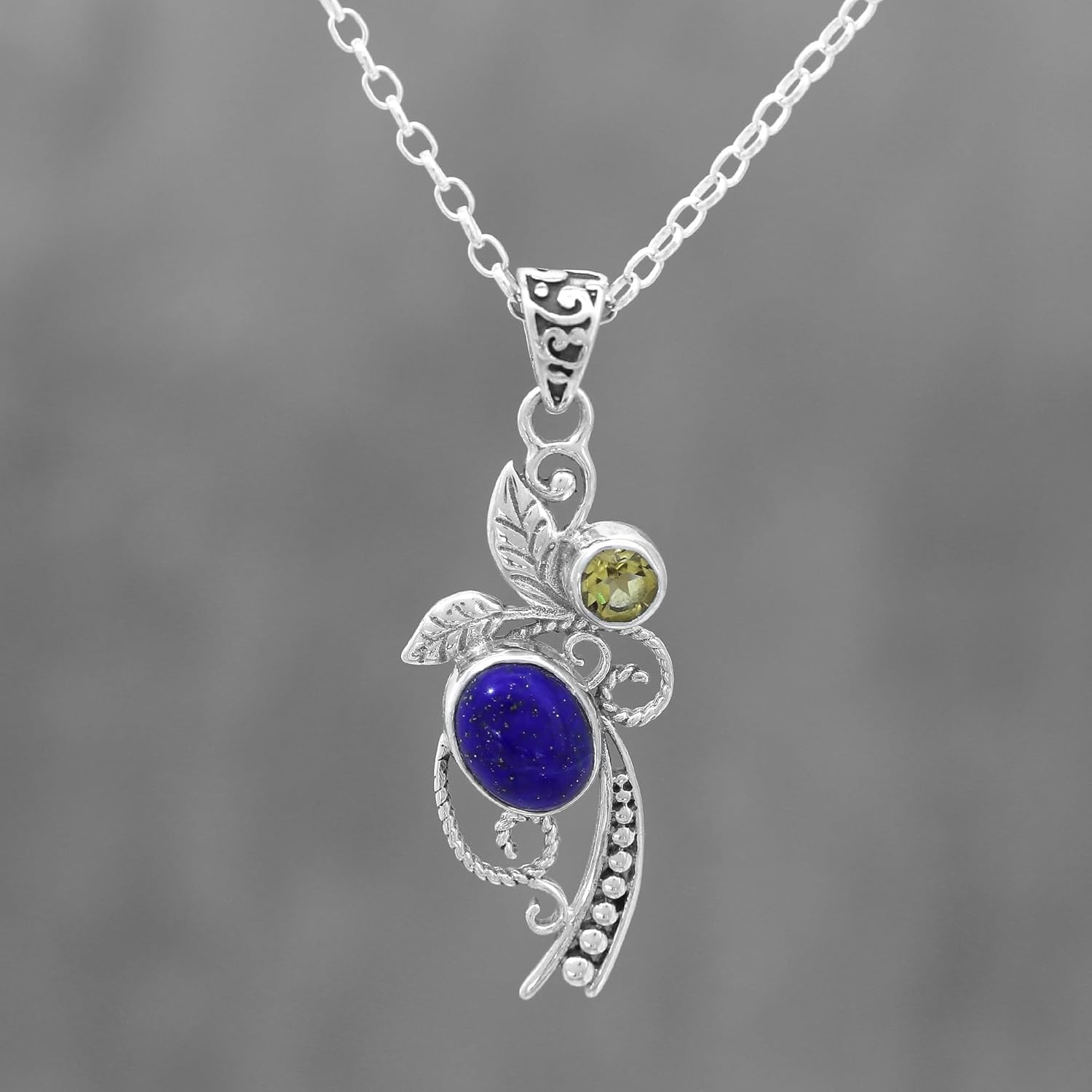 NOVICA Handmade Lapis Lazuli Citrine Pendant Necklace Leafy from India .925 Sterling Silver Tree Gemstone Birthstone 'Royal Shimmer'