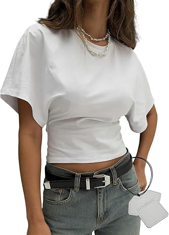 Womens Wide Short Sleeve Y2k Shirts Summer Casual Crew Neck Cropped Top Cinched Waist T Shirt Fitted Grunge TopsWhite,M