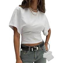 Womens Wide Short Sleeve Y2k Shirts Summer Casual Crew Neck Cropped Top Cinched Waist T Shirt Fitted Grunge TopsWhite,L