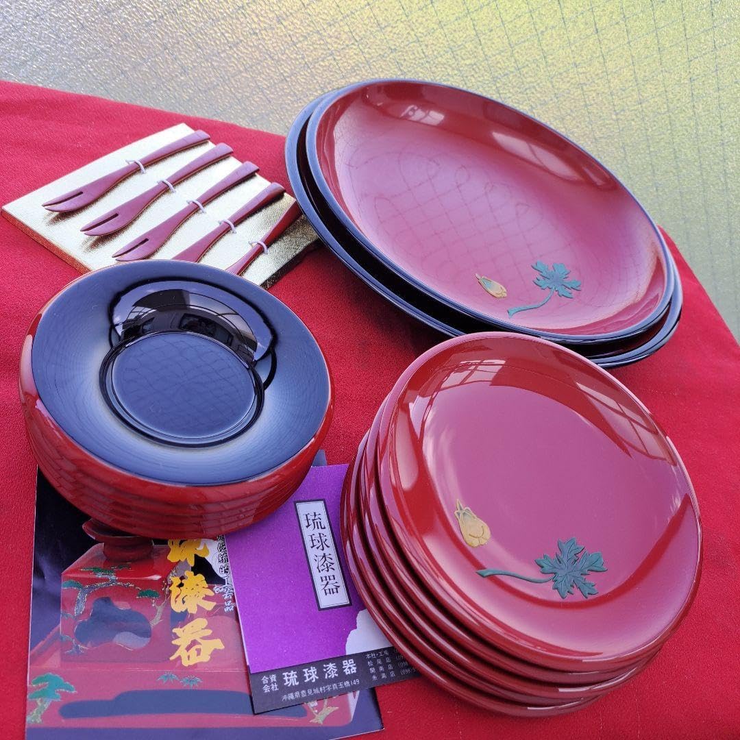 琉球漆器 盛皿/銘々皿/茶托セット天然木製 堆錦"ゆうな柄