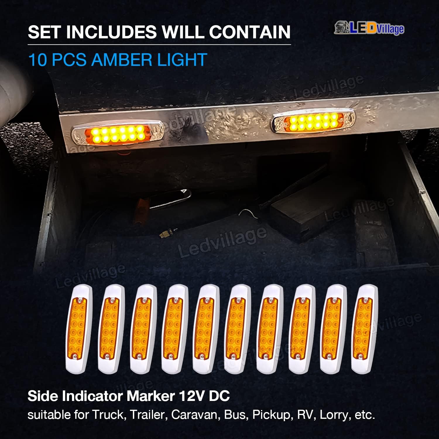 6.4 Inch Amber 12 LED Side Marker Tail Light Turn, Parking, Signal Clearance Lamp Trailer Truck Lorry UTE RV Pickup with Chrome 12V DC BB12 (Pack of 10)
