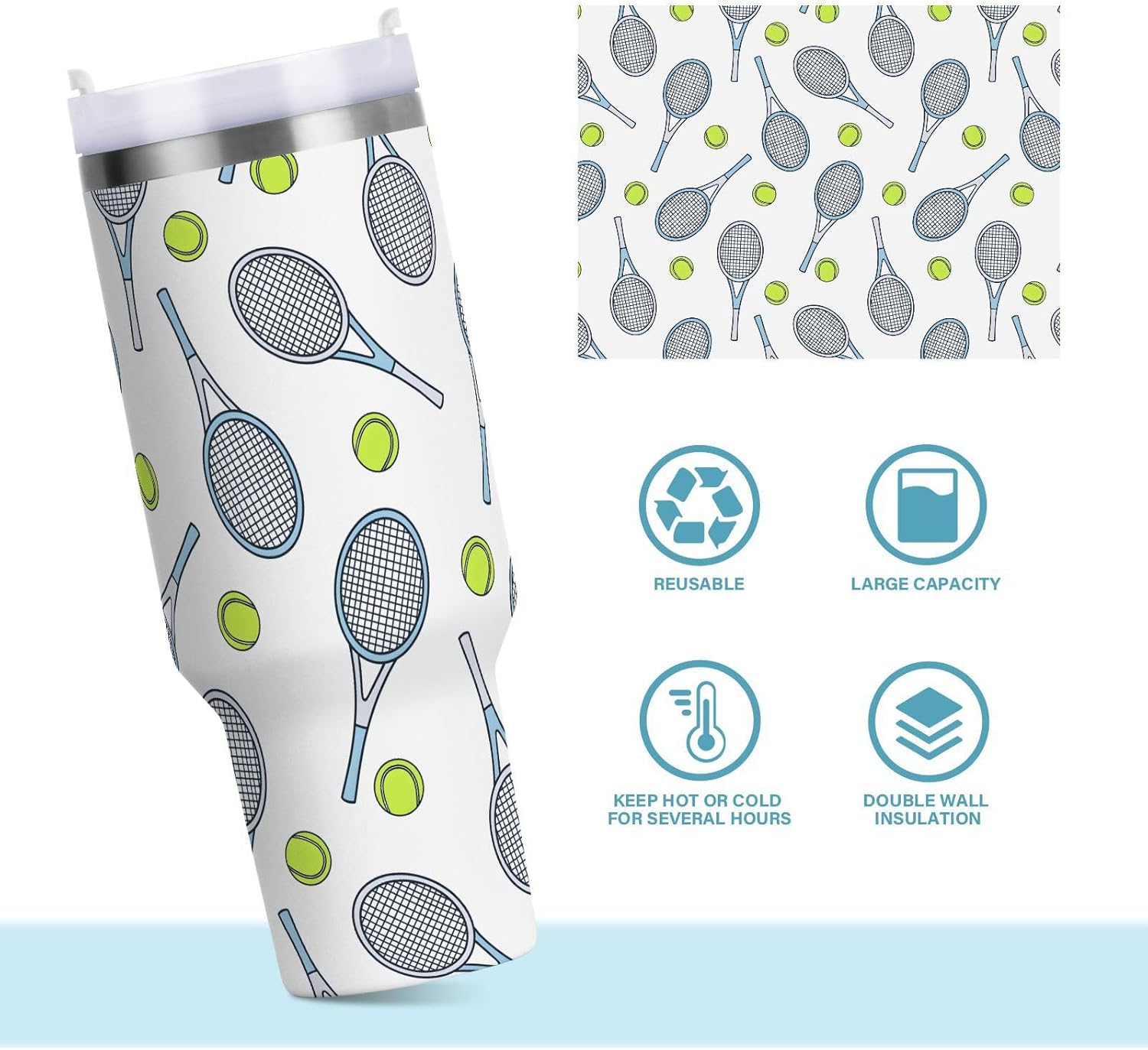 30 oz Tennis Tumbler with Straw Lid and Handle, Insulated Tumblers Stainless Steel Car Handle Water Mug for Home Office Car Travel(Tennis Rackets Balls)