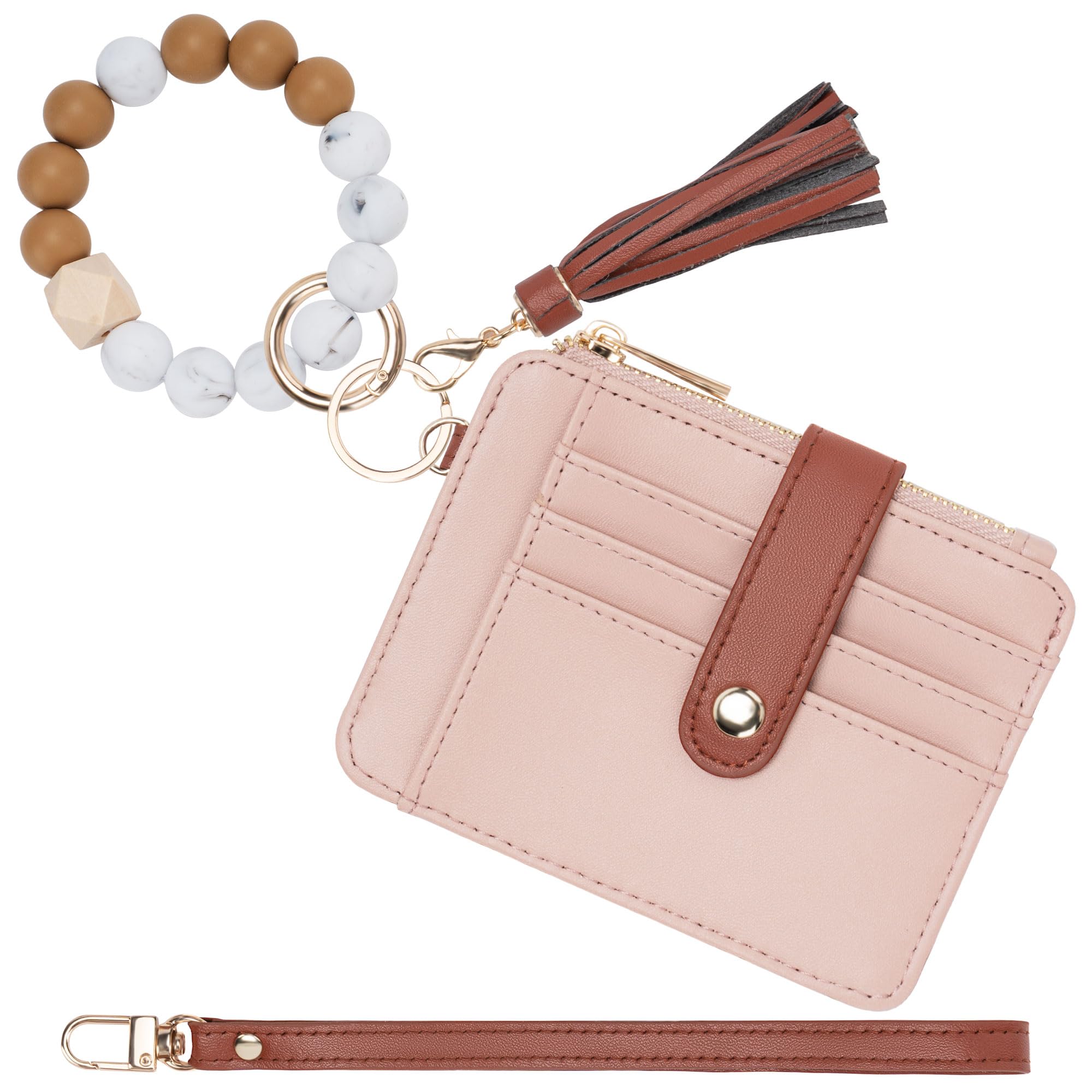 Airkit Wristlet Wallets for Women, Keychain RFID Blocking Credit Card Holder, Small Girly Wallet with Bracelet, Silicone Beaded Tassel Key Ring Card