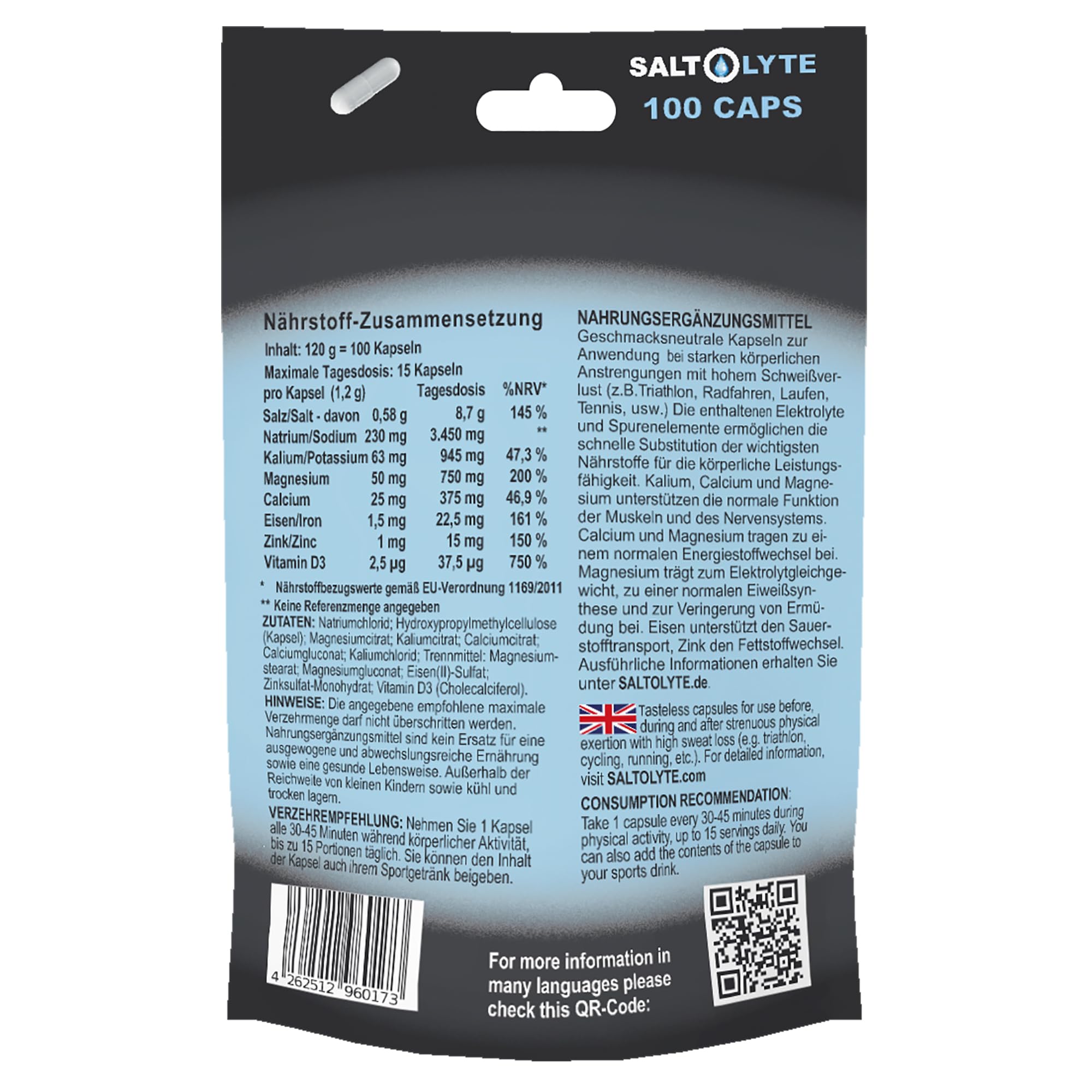 100 CAPS Salz- & Elektrolytkapseln mit Natrium, Kalium, Magnesium, Calcium, Eisen, Zink und Vitamin D3 für normale Muskelfunktion & Energiestoffwechsel