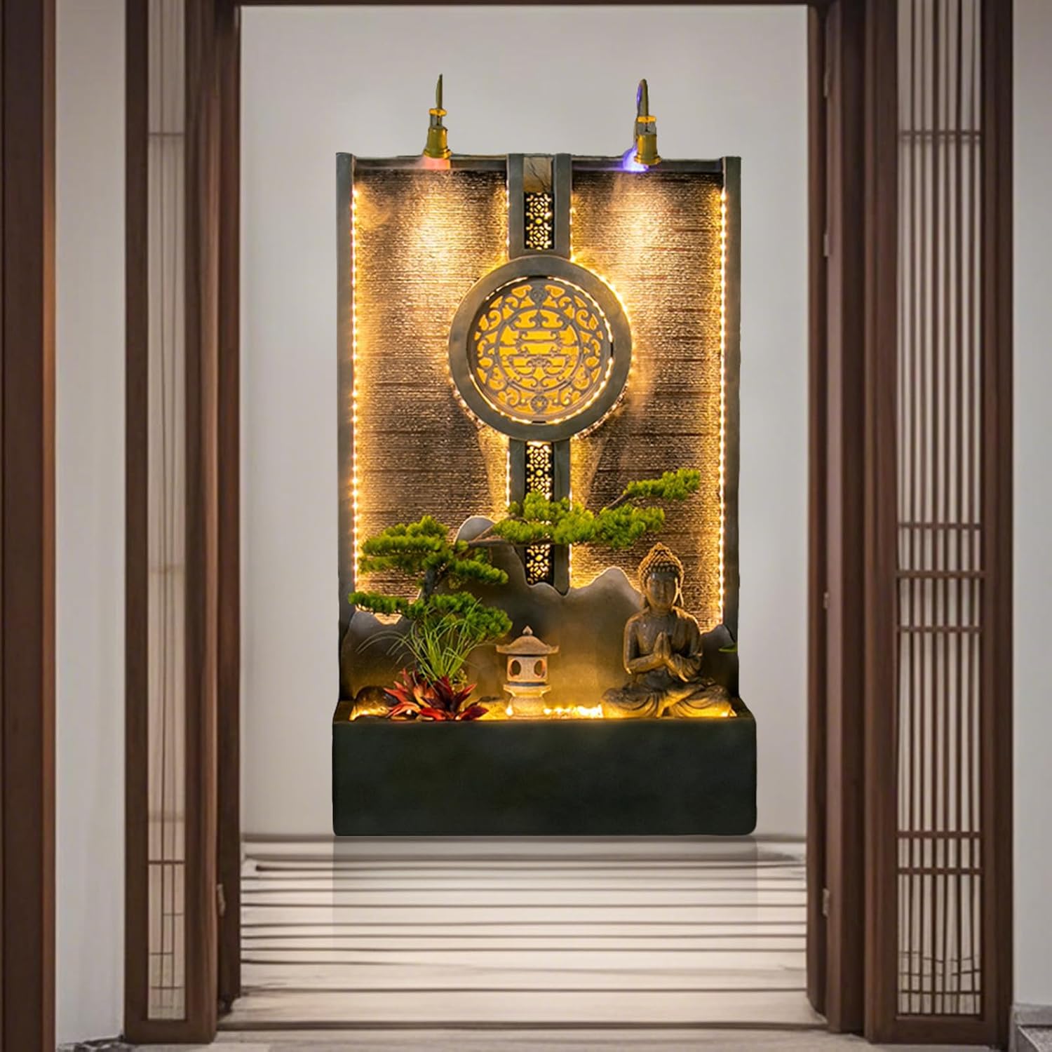 Indoor Outdoor Resin Zen Fountain Wall with LED Lights, Large Water Feature with Circular Design, Landscape Decor with Pump, for Garden, Entryway & Living Room,Spa (Buddha)