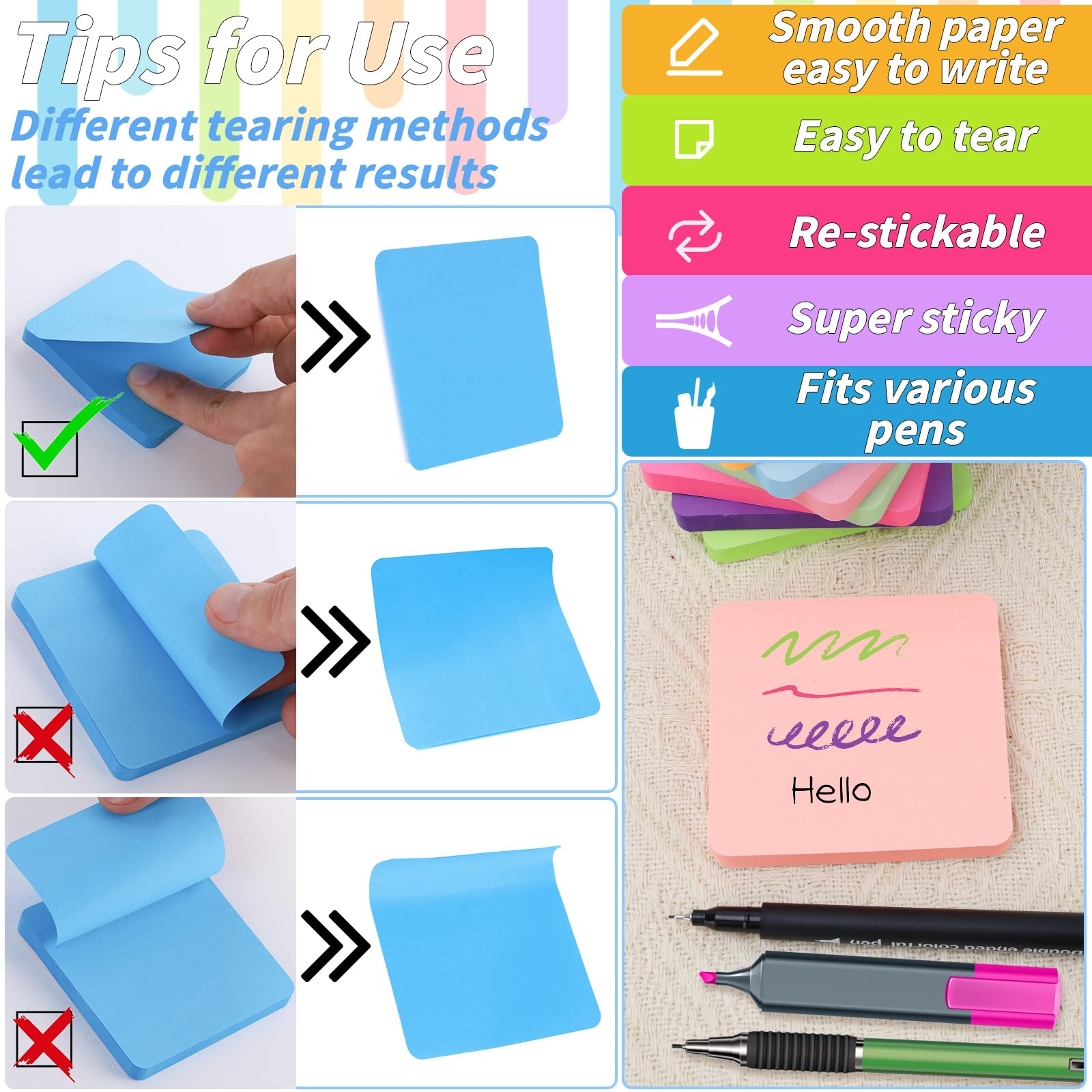60 blocchetti di foglietti adesivi rotondi con angoli da 7,6 x 7,6 cm, 12 colori vivaci autoadesivi, resistenti blocchi per appunti, 75 fogli/pad, blocco note colorato, facile da pubblicare per casa