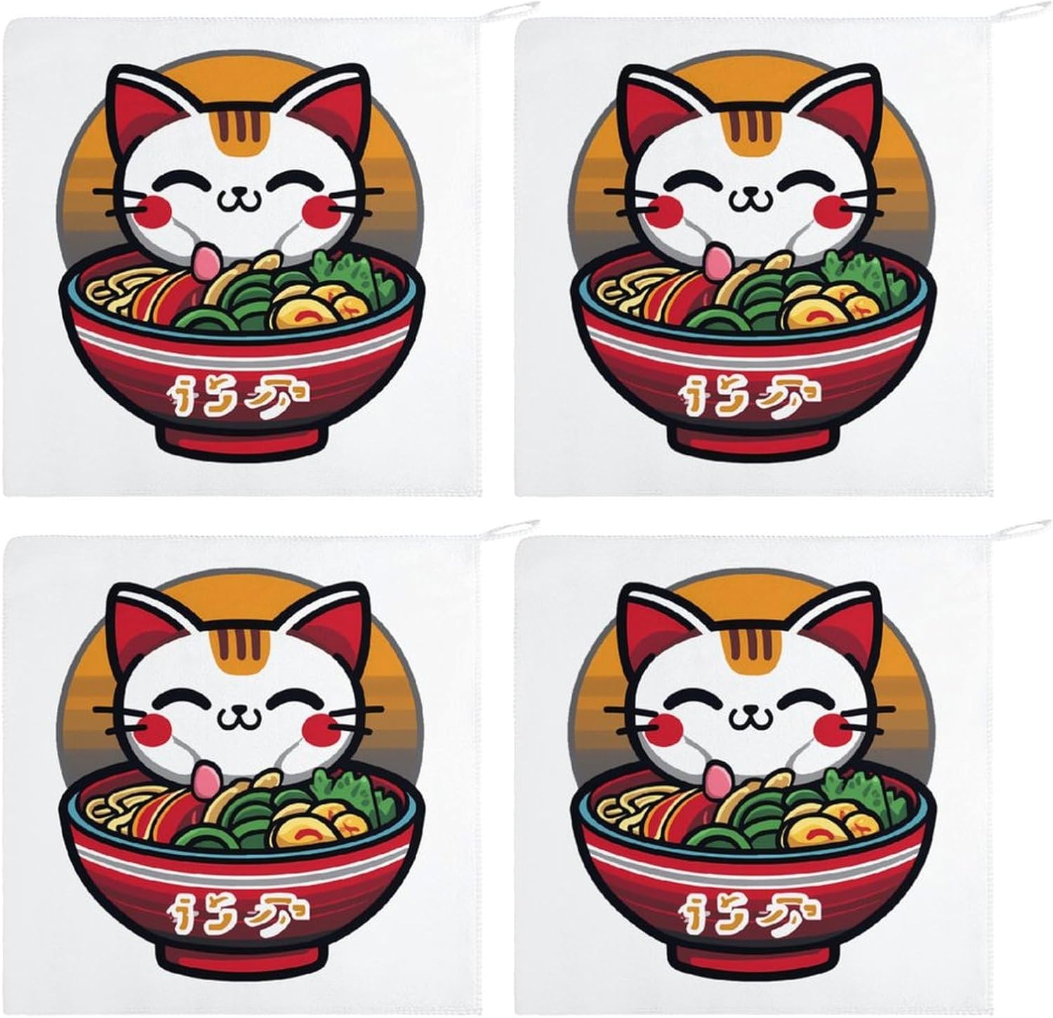 Japanese Cat Eating Ramen Towel Hand Towels Decorative Towel for Bathroom Kitchen Shower Gym 4PCS