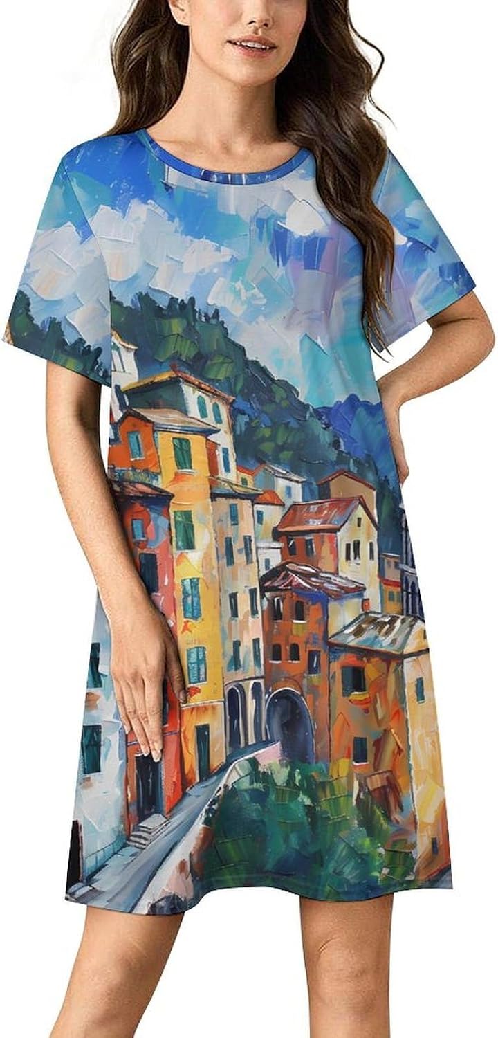 Cinque Terre And Pisa Tower Painting Women's Nightgown Short Sleeve Sleep Shirt Casual Sleepwear Night Gowns Sleepdress