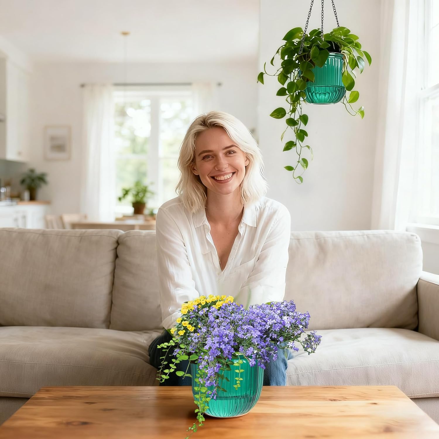 Hanging Planters for Indoor Plants, Small Self Watering Planters 3 Pack, 6.5 Inch Clear Plastic Flower Pot Outdoor, Metal Chain, Drainage Hole for Home Garden Porch Balcony Patio Window Decor