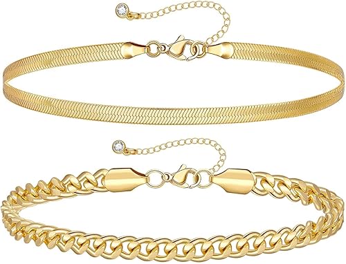 KissYan - Pulseras de tobillo para mujer, joyas elegantes estilo cubano, doble capa, chapadas en oro de 14 quilates, cadena ajustable, estilo clip y