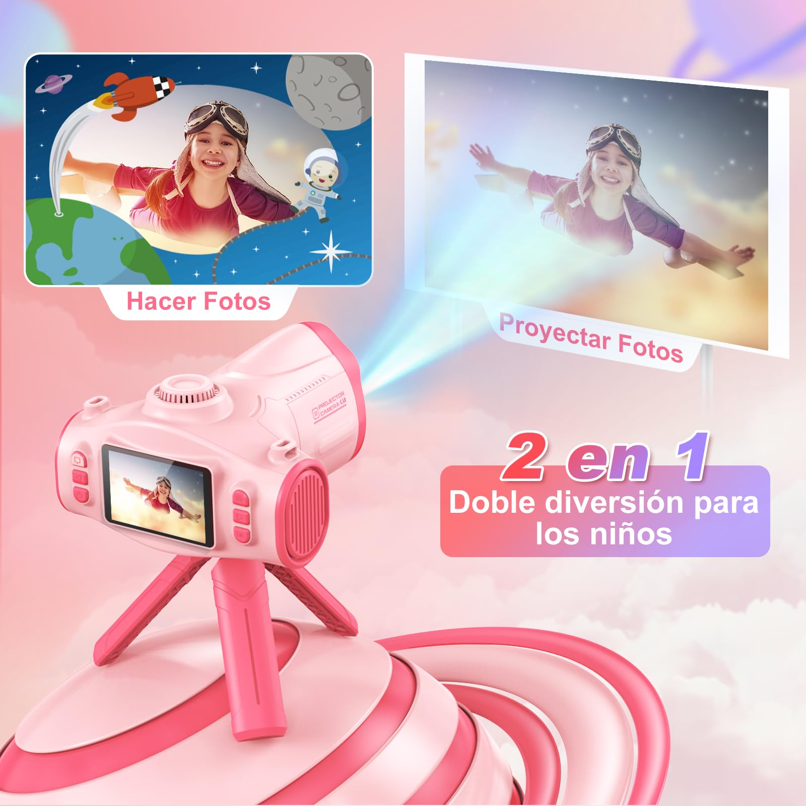 CHAKEYAKE Camara Fotos Infantil con Función de Proyección, 1080P Camara de Fotos para Niños con Trípode, Tarjeta SD 32G, Baterías 2500 mAh, Regalo para Niñas y Niños 3 4 5 6 7 8 9 10 11 12 Años-Rosa