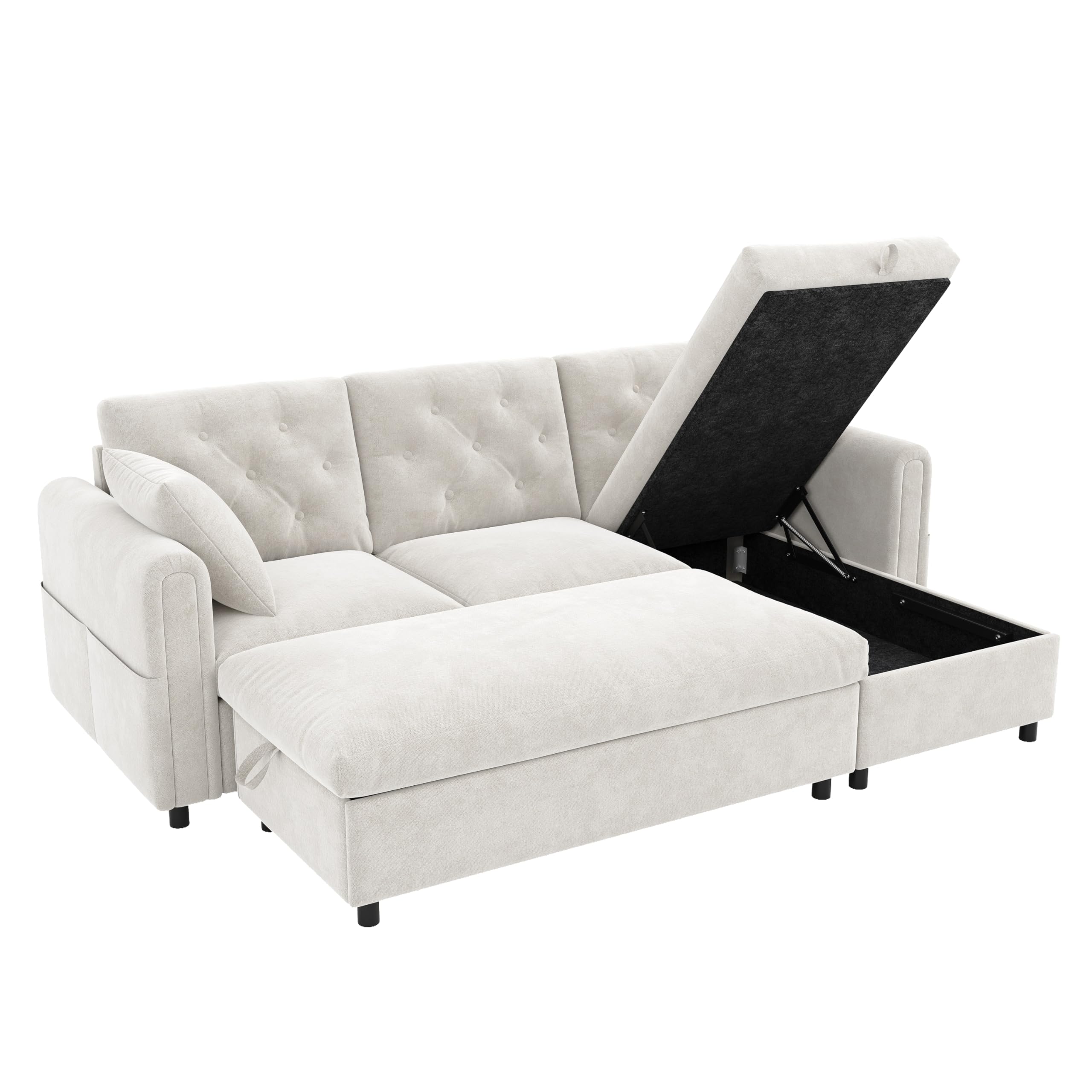 Moimhear Sofá de terciopelo con chaise longue intercambiable, color beige, 219 x 131 x 86 cm, reposapiés, bolsillos para revistas, cierre con botones
