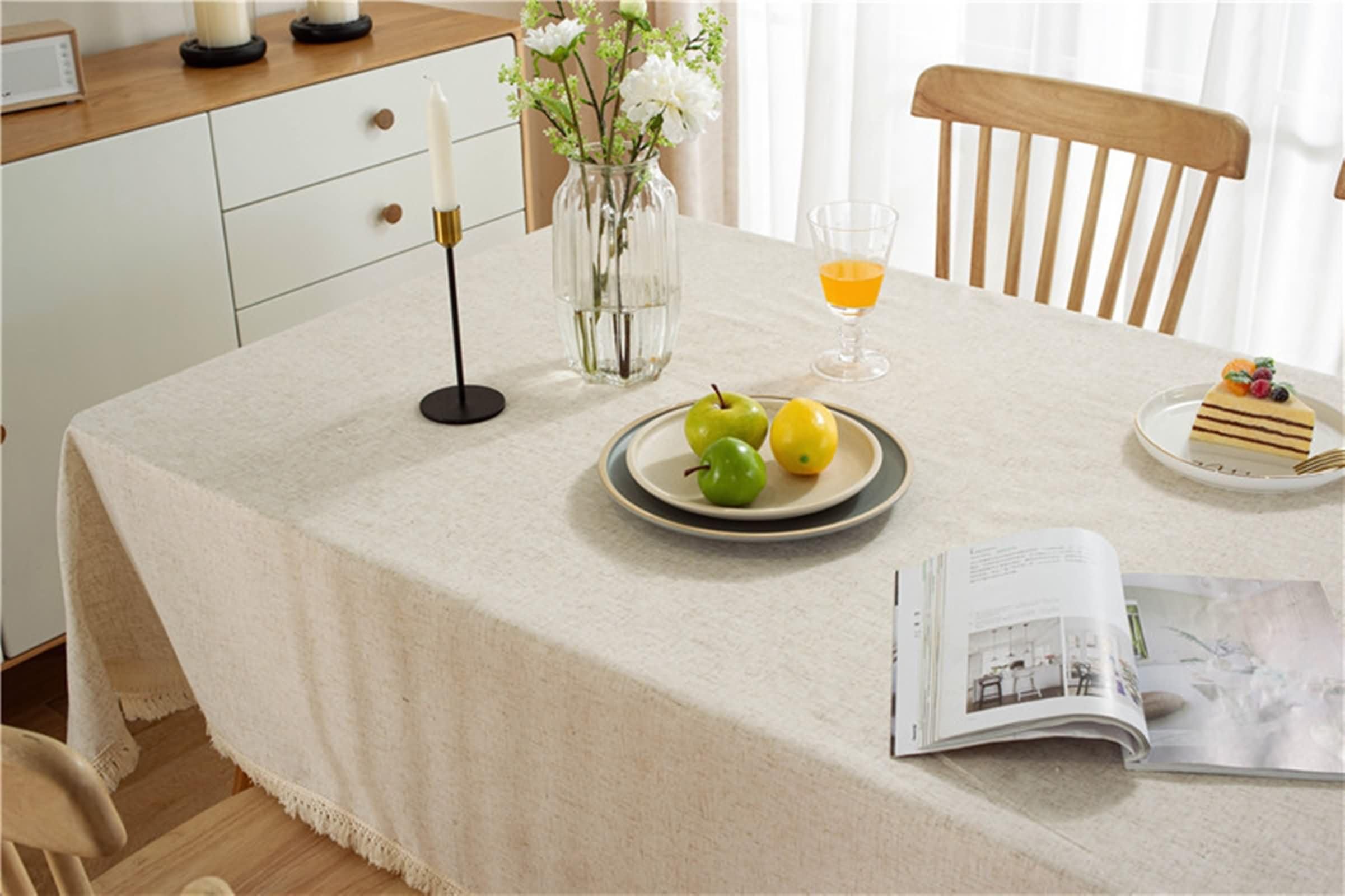 Mantel Rectangular Beige Exterior, Color Sólido con Borlas, de Algodón Suave, 140 x 220 cm, Mantel para Mesa de Centro