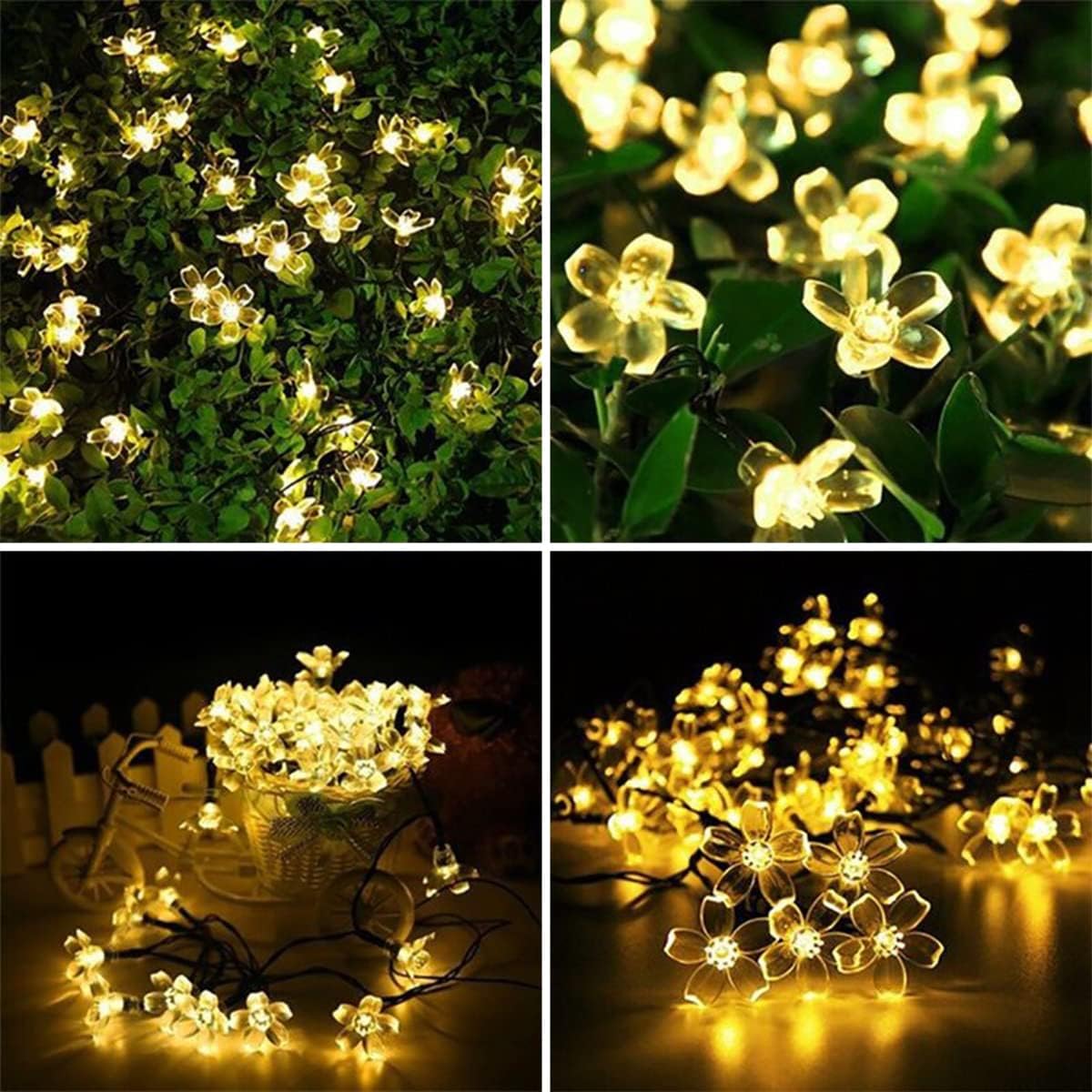 ITICdecor Solar Flower String Lights illuminating a garden fence at night