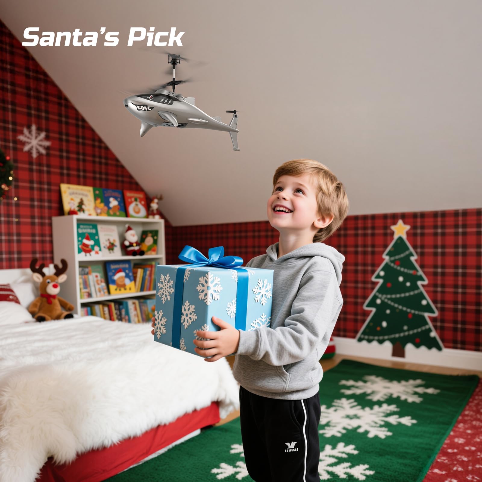 DEERC Elicottero telecomandato per bambini e adulti, elicottero squalo RC con mantenimento dell'altitudine, decollo/atterraggio automatico, luci LED, 24 min di autonomia, giocattolo volante interno.