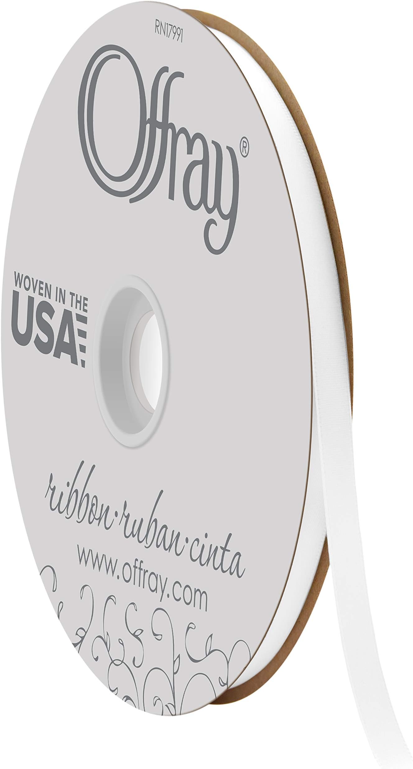 Offray 3/8" Wide Double Face Satin Ribbon, 100 Yards, White