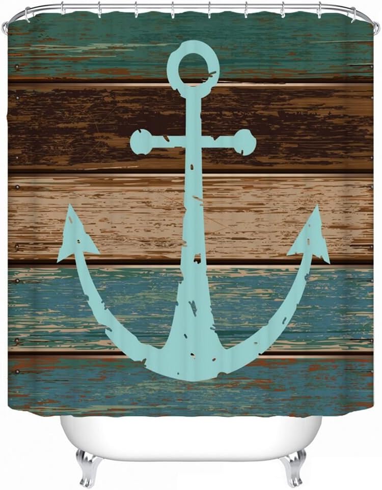 Shower Curtain, Shellbay Nautical Anchor Rustic Wood Bath Curtain, Mildew Resistant, Waterproof and Machine Washable Polyester Bathroom Decorations with 12 Hooks, 70"×70"