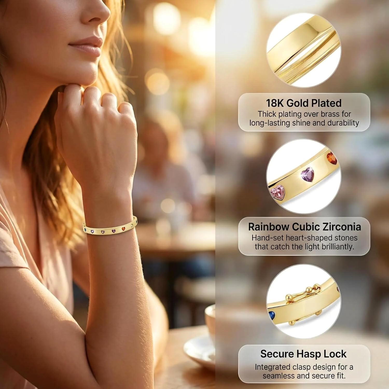 Gold Bracelets for Women, Gold Plated Bangle Rainbow Heart Cubic Zirconia Bracelet Trendy Jewelry Non Tarnish Love Bracelet for Women Bangles Accessories Designer Jewelry