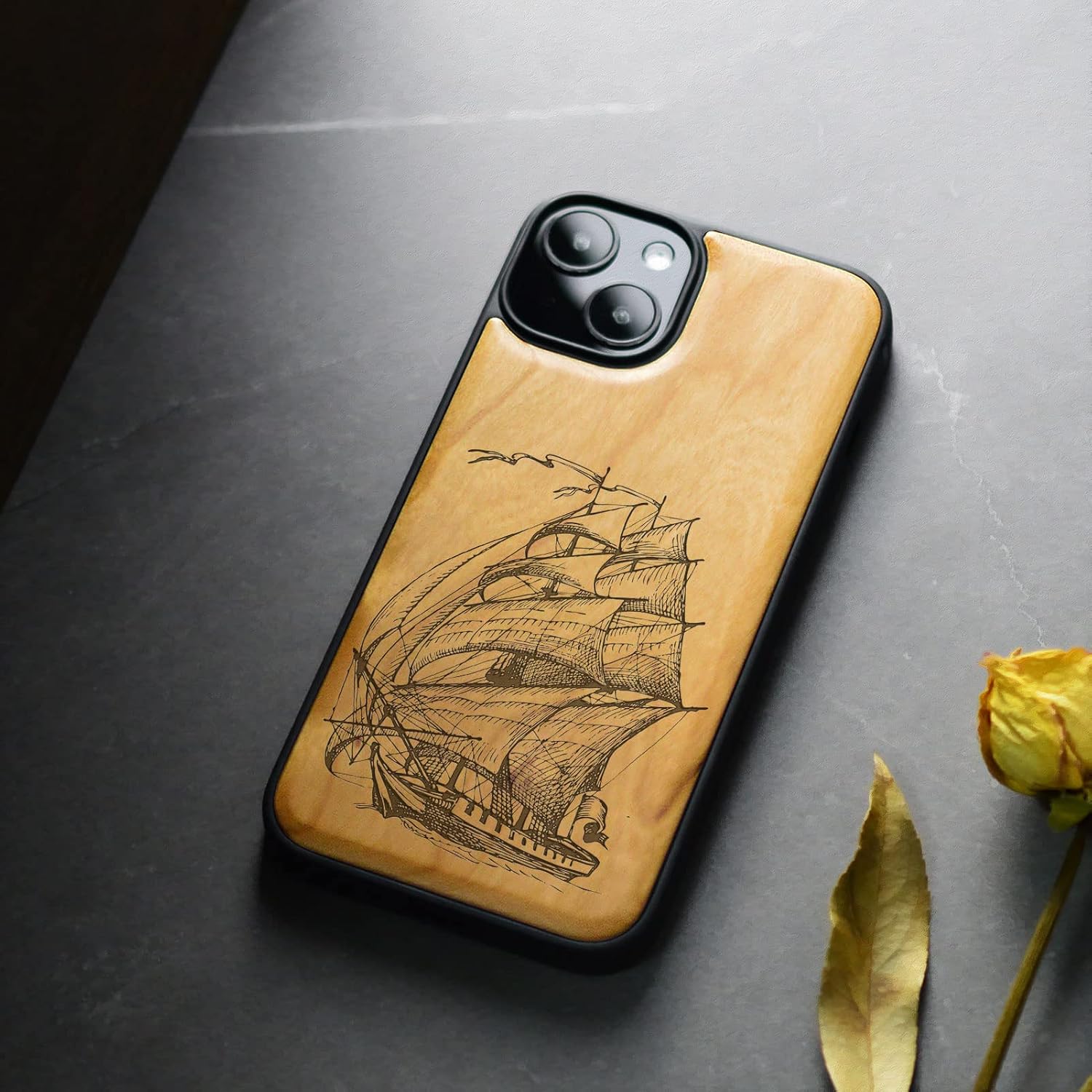 Carveit Magnetic Wood Case for iPhone 14 Case [Natural Wood & Black Soft TPU] Unique & Classy Wooden Shockproof Protective Cover Compatible with magsafe (Pirate Ship -Cherry)
