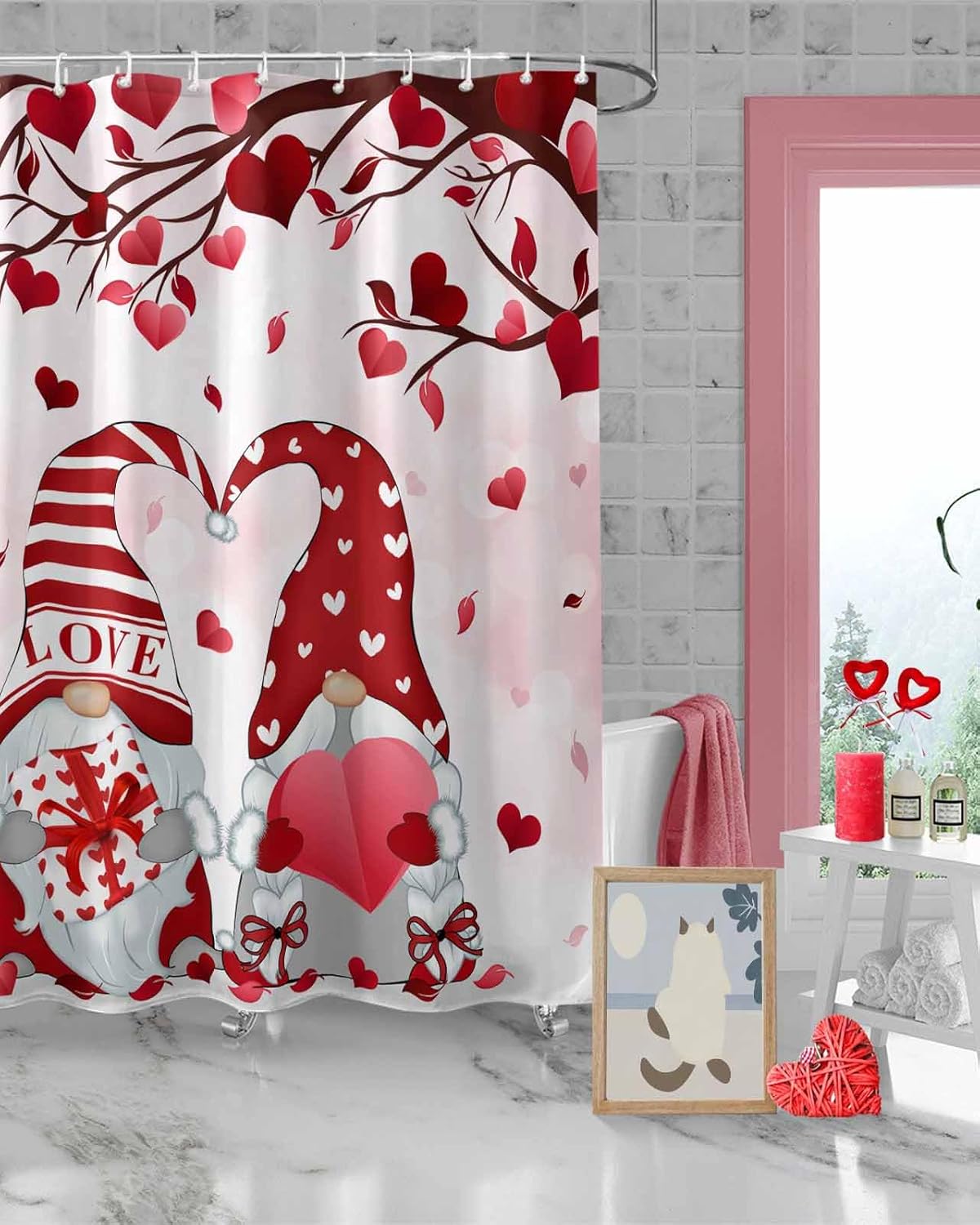Valentines Shower Curtains for Bathroom, Pink Gnomes Shower Curtain Set with Hooks Love Heart Tree Waterproof Fabric Bathroom Curtains for Showers Bathtubs Spring Winter Bath Decoration 72x96 inch