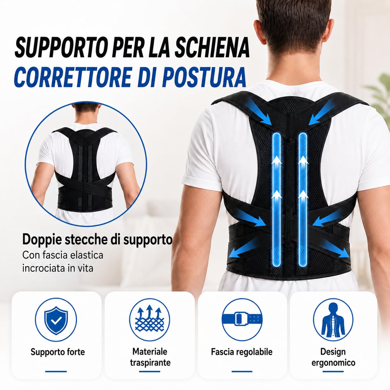 Correttore posturale per uomini e donne, regolabile e confortevole, con forti barre di sostegno, sollievo dal mal di schiena, supporto per collo e spalle