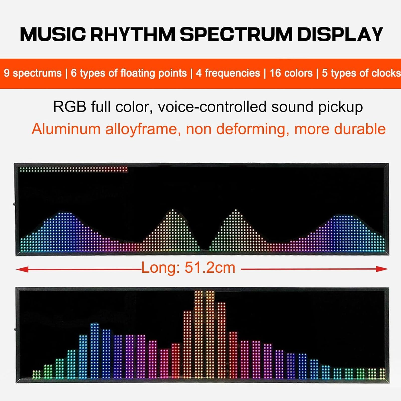 Analizator widma audio, wyświetlacz RGB poziomu dźwięku z 36 efektami, 16 kolorami i 5 trybami zegara, wejście audio 3,5 mm, sterowanie głosowe + sterowanie liniowe, do samochodu i studia