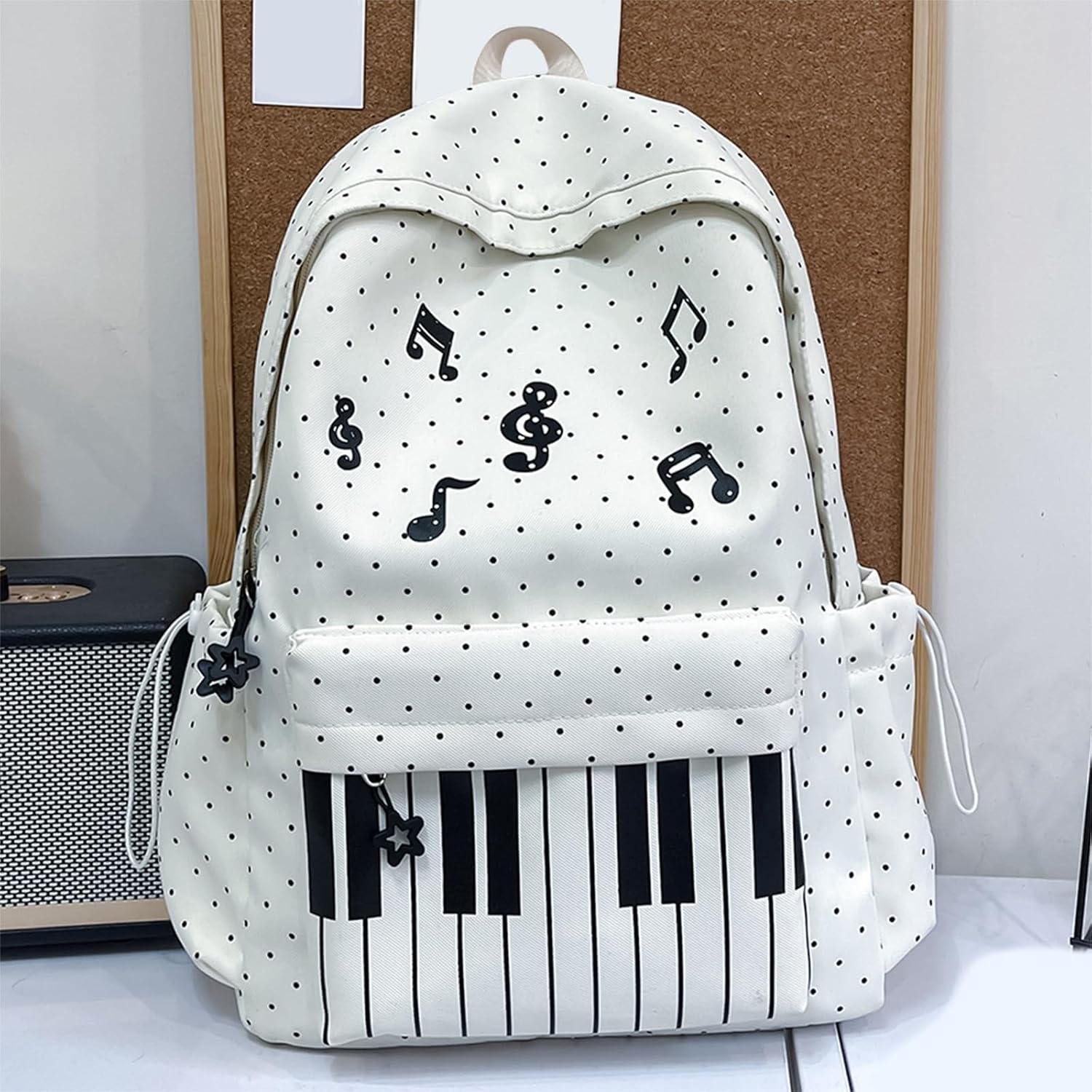 2Pcs Nylon Piano Aesthetic Backpack with Shoulder Bag Travel Daypack Bags Large Capacity for Teens Girls Women College Commute (White)