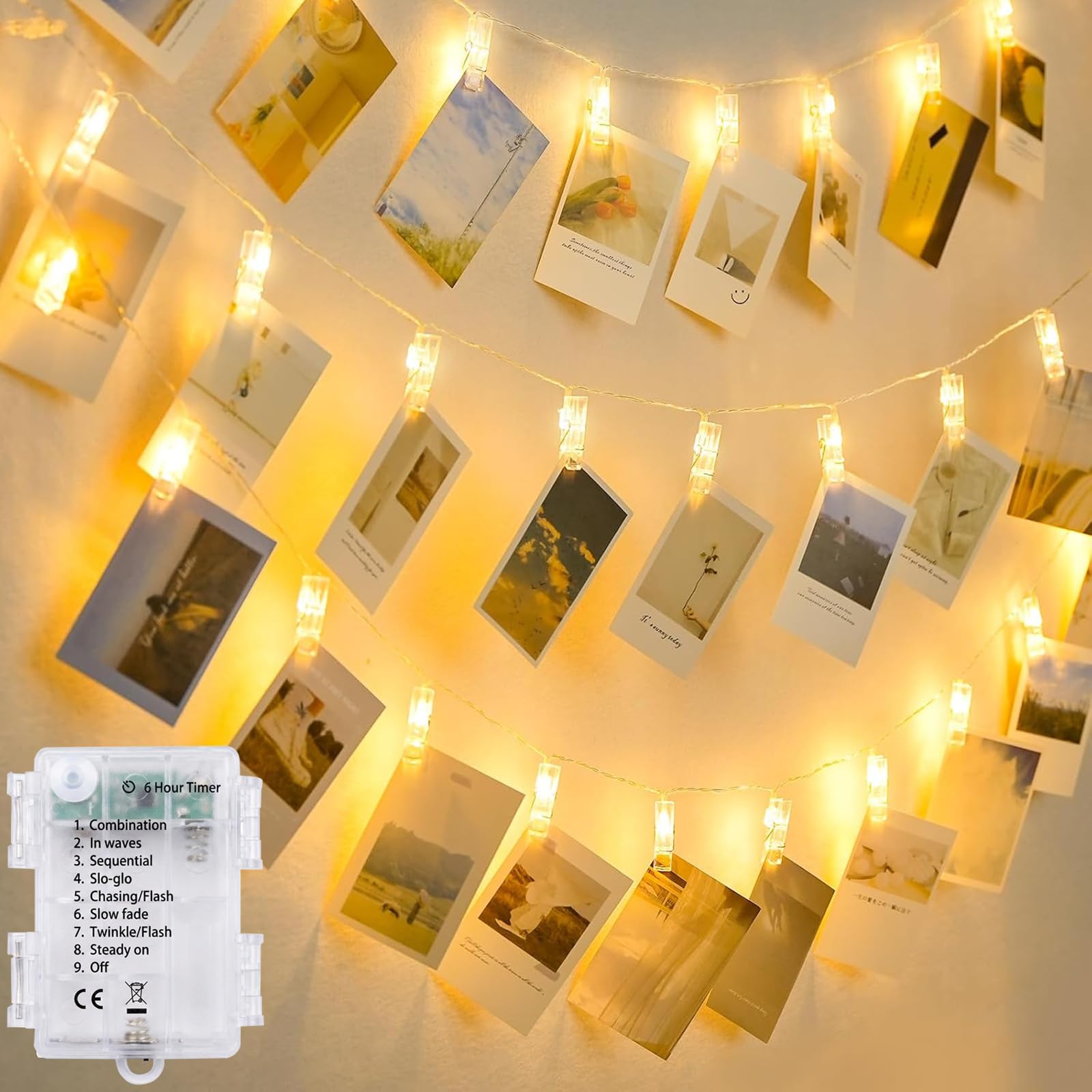 Fotoclip Lichterkette Batterie mit Timer,3M 20LED Lichterkette mit Klammern | Warmweiß, 8 Modi LED Foto Clip Lichterkette für Bilder Fotos, Deko für Zimmer, Hochzeit, Geburtstag, Weihnachten