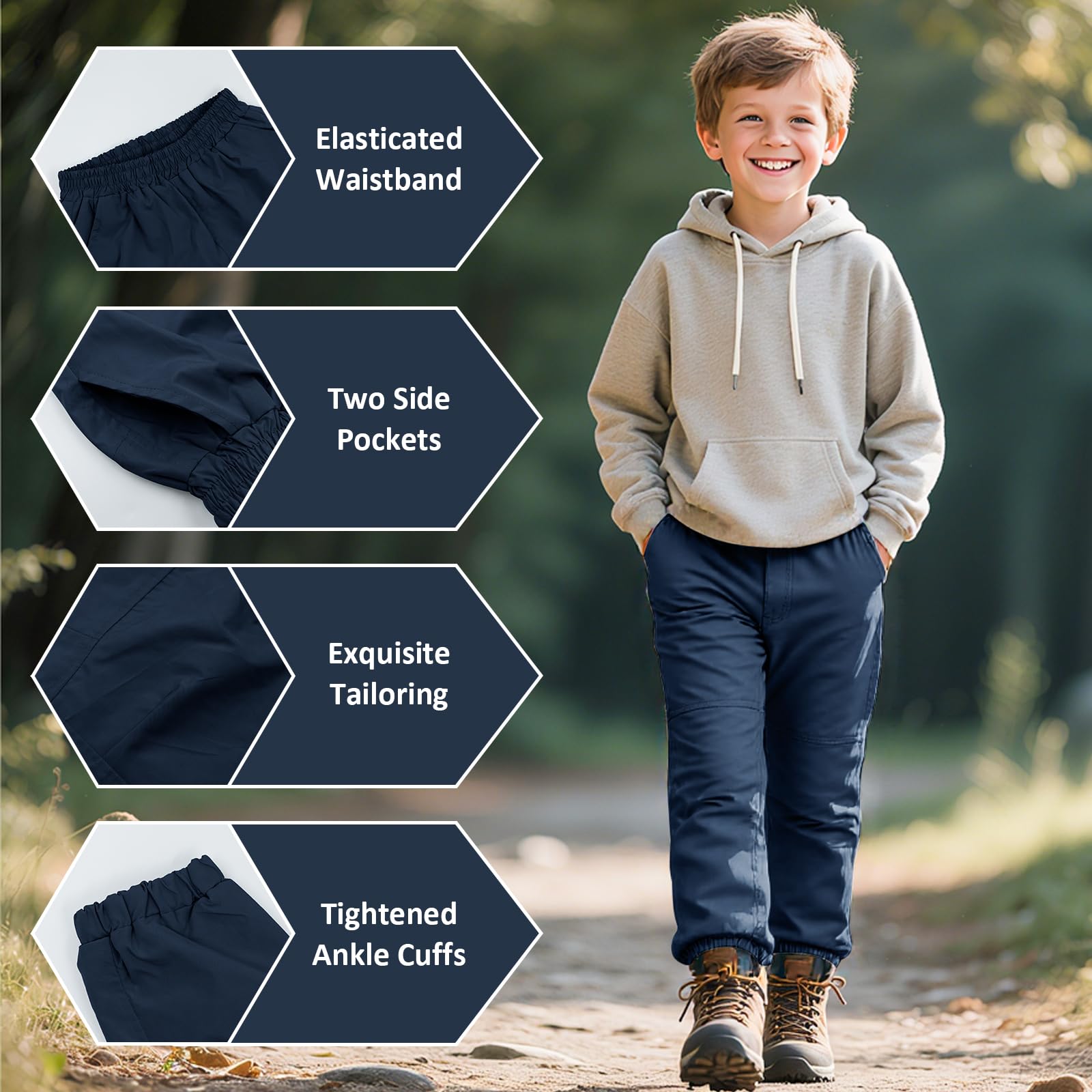 Pantaloni Trekking Bambini Impermeabili, Traspiranti Fodera a Rete Pantalone da Sportivi Vita Elasticizzata con Tasche, Pantaloni Outdoor per Ragazzi Ragazze 7-14 Anni