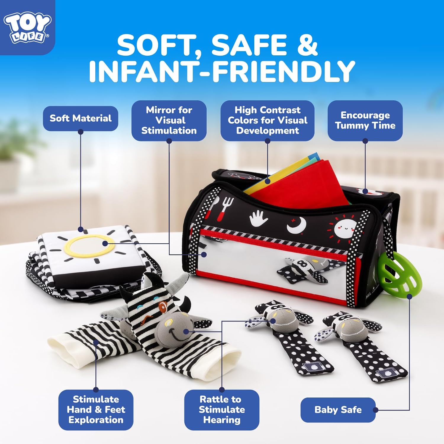 TOY Life High Contrast Baby Toys 0-6 Months - Black & White Newborn Tummy Time Sensory Toys Set with Soft Montessori Visual Stimulation Infant Book, Boy Girl Shower Gift, Easter Basket Stuffers