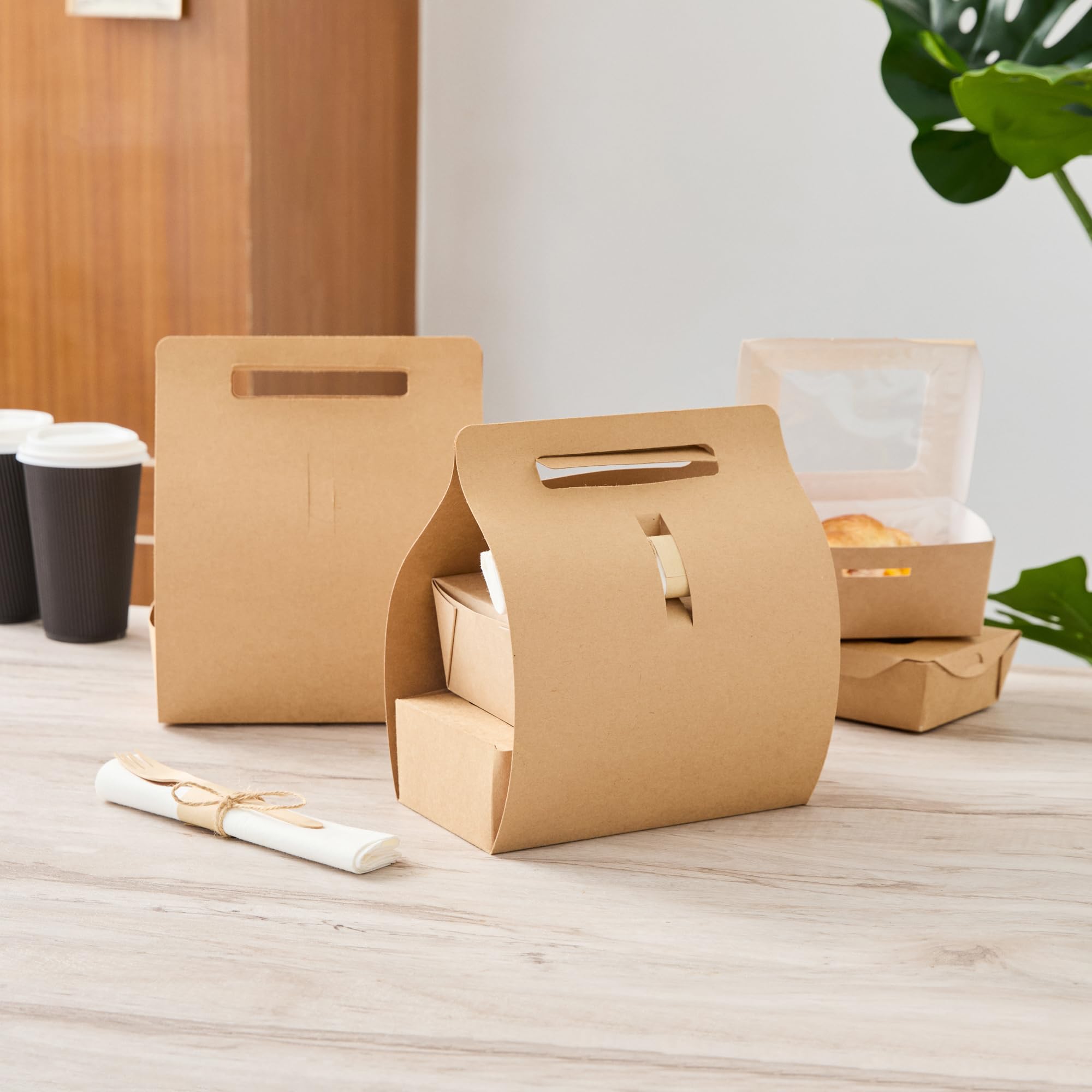 Restaurantware Bio Tek - Fiambreras de papel con asas, 100 recipientes desechables de papel kraft para alimentos, 21 x 10 x 20 cm, portavasos para utensilios de cocina, portadores de bebidas para