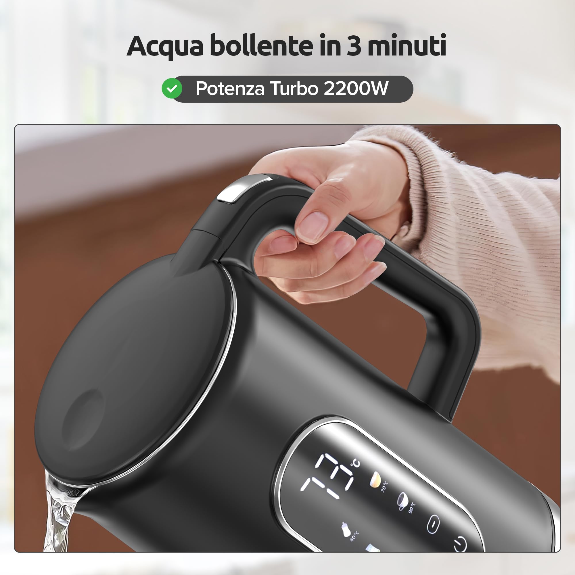 Olvy Bollitore elettrico da 1,7L senza fili, controllo della temperatura e funzione di mantenimento in caldo, doppia parete in acciaio inox Cool-Touch, filtro anticalcare – kettle elettrico 2200W