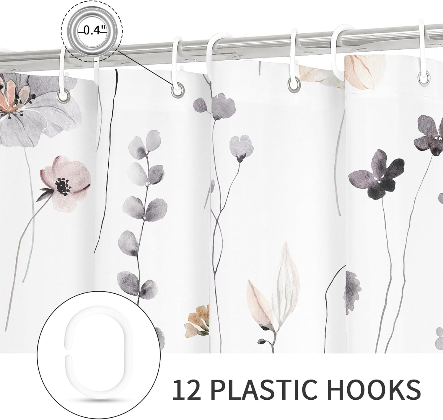 Gibelle Watercolor Floral Shower Curtain 72x72 Inch, Charcoal Grey Beige Flower Modern Minimalist Fabric Bathroom Decorative