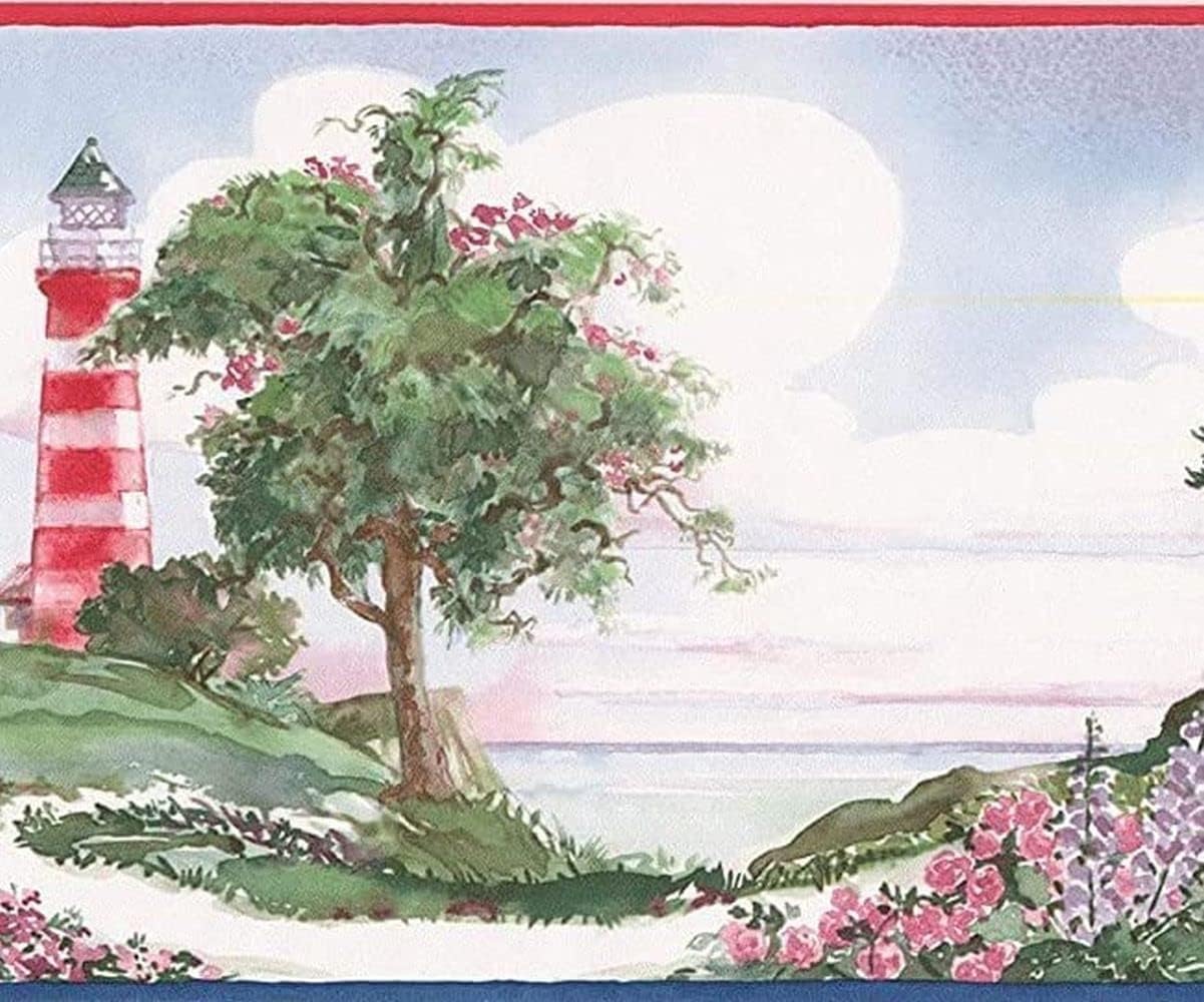 CONCORD WALLCOVERINGS ™ Seashore Wallpaper Border Featuring Multiple Lighthouses on Shades of Blue, Colors Green Navy Blue Yellow, Size 6.75 Inches by 15 Feet KV79528