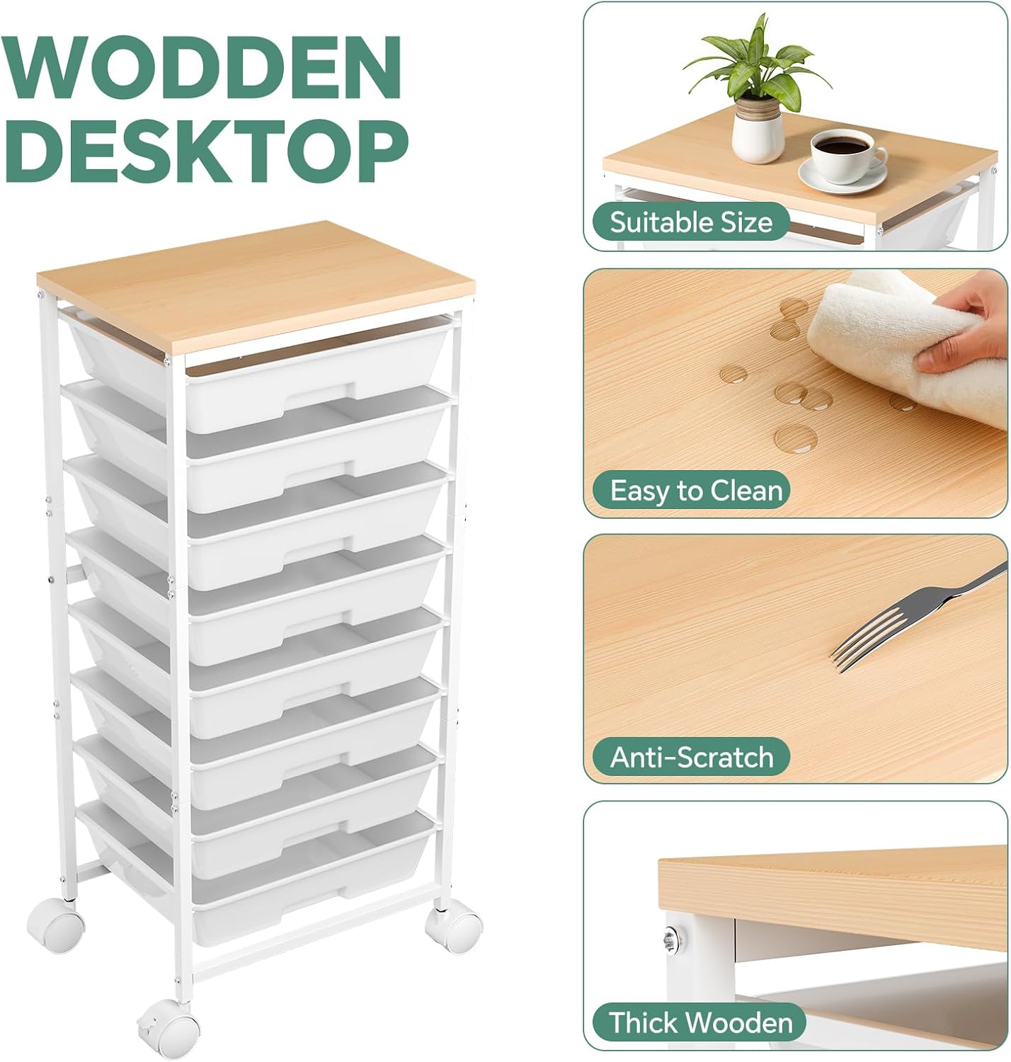 Rolling Cart with 8 Drawers, Art Cart with Storage Drawers and Wooden Tabletop, Utility Craft Cart for Living Room, White - Image 5