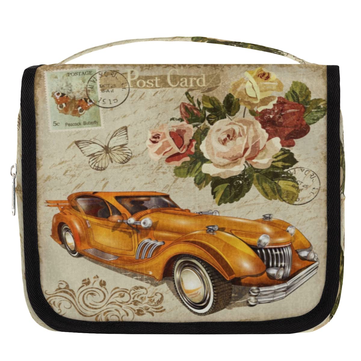 Vintage Pocztówka Samochód Kwiaty Podróżna Kosmetyczka Pocztówka Mycie Torba Unisex Wiszące przybory toaletowe Kosmetyczka Organizer do makijażu, wielobarwny, Jeden rozmiar