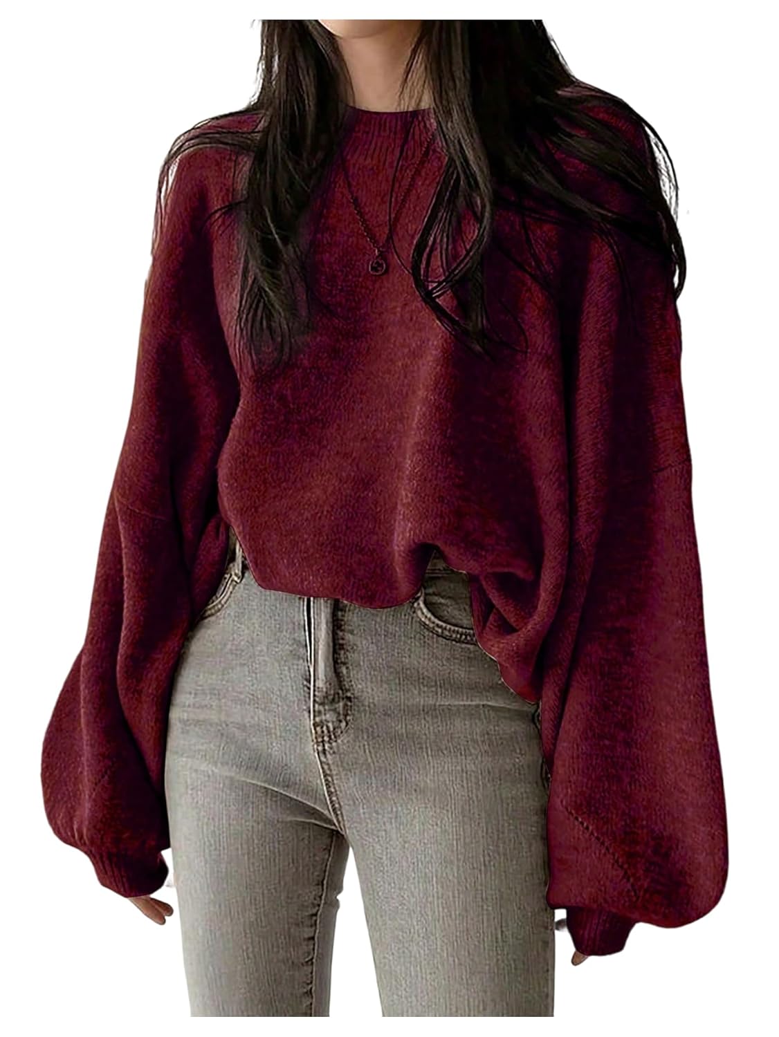 GORGLITTER Womens Oversized Sweaters Fall Lantern Long Sleeve Casual Crew Neck Chunky Knit Pullover Tops