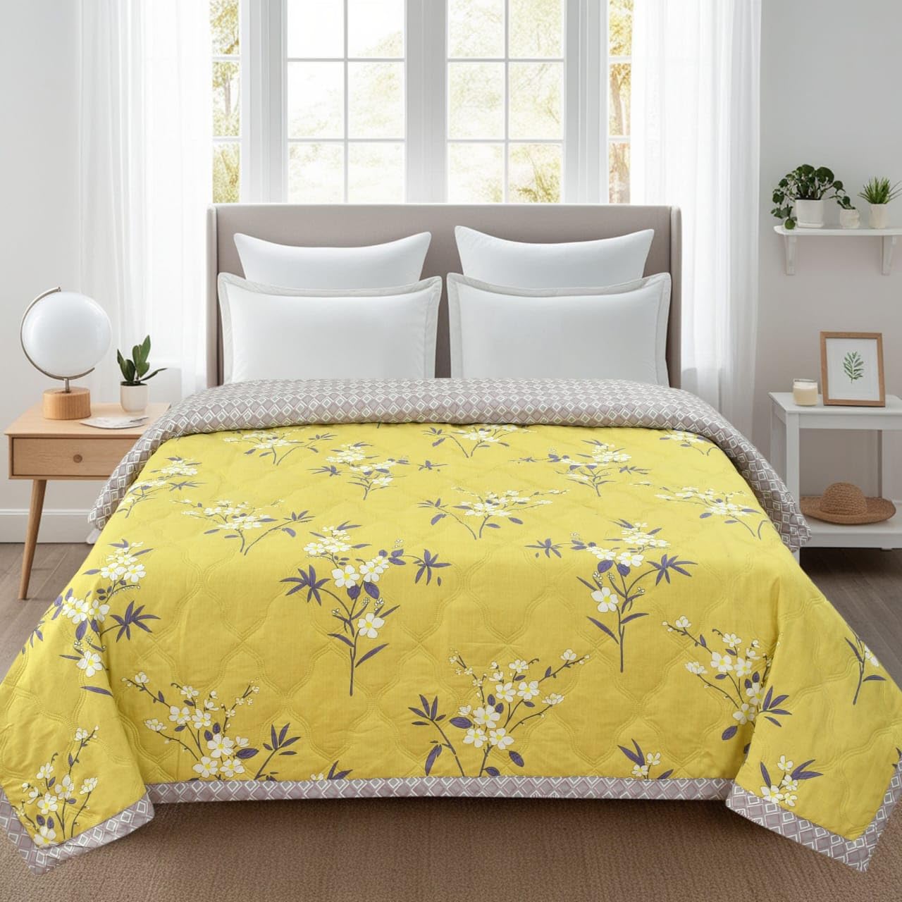 Ultrasonic Printed Reversible Comforter with Bag Packing, Double (Size 90x100inchs) /Single (Size 60x90 inchs) (Yellow Leaf, Double)-image-34