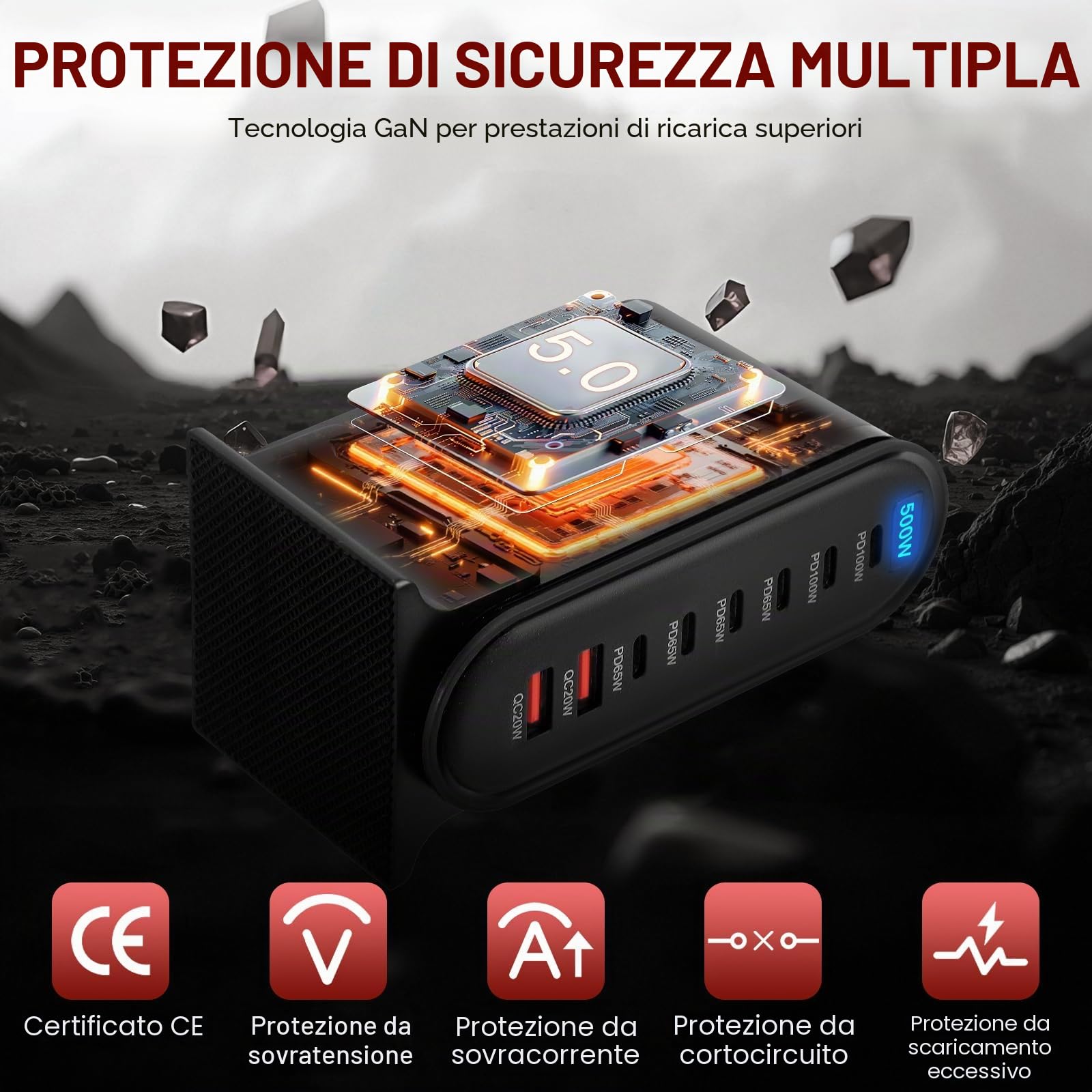 500W Caricatore USB Multiplo, 8 Porte Stazione di Ricarica Veloce Caricabatterie USB C PD PPS 100W Alimentazione Rapido per Laptop Telefono Cellulare